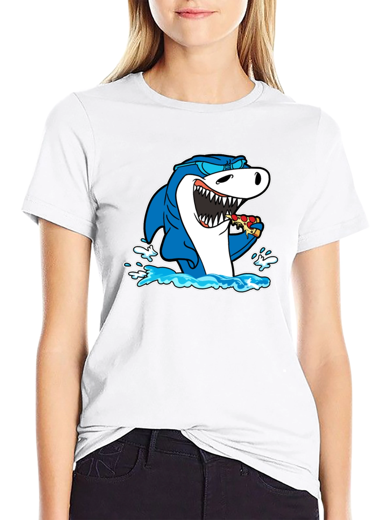 Black Shark Eating Pizza T-Shirt - Black Cotton Graphic Tee view 9