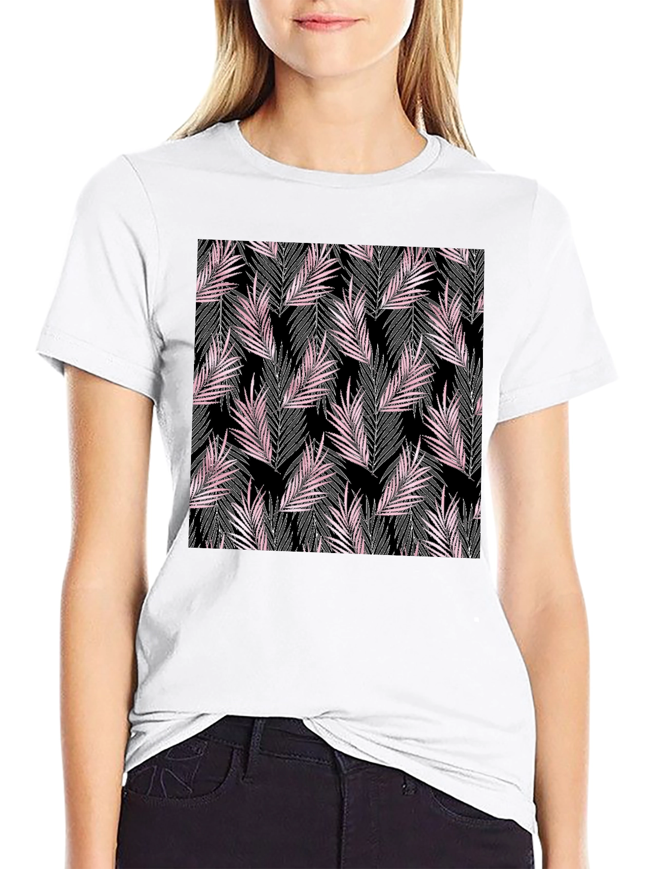 Black Tropical Leaves Print T-Shirt view 9