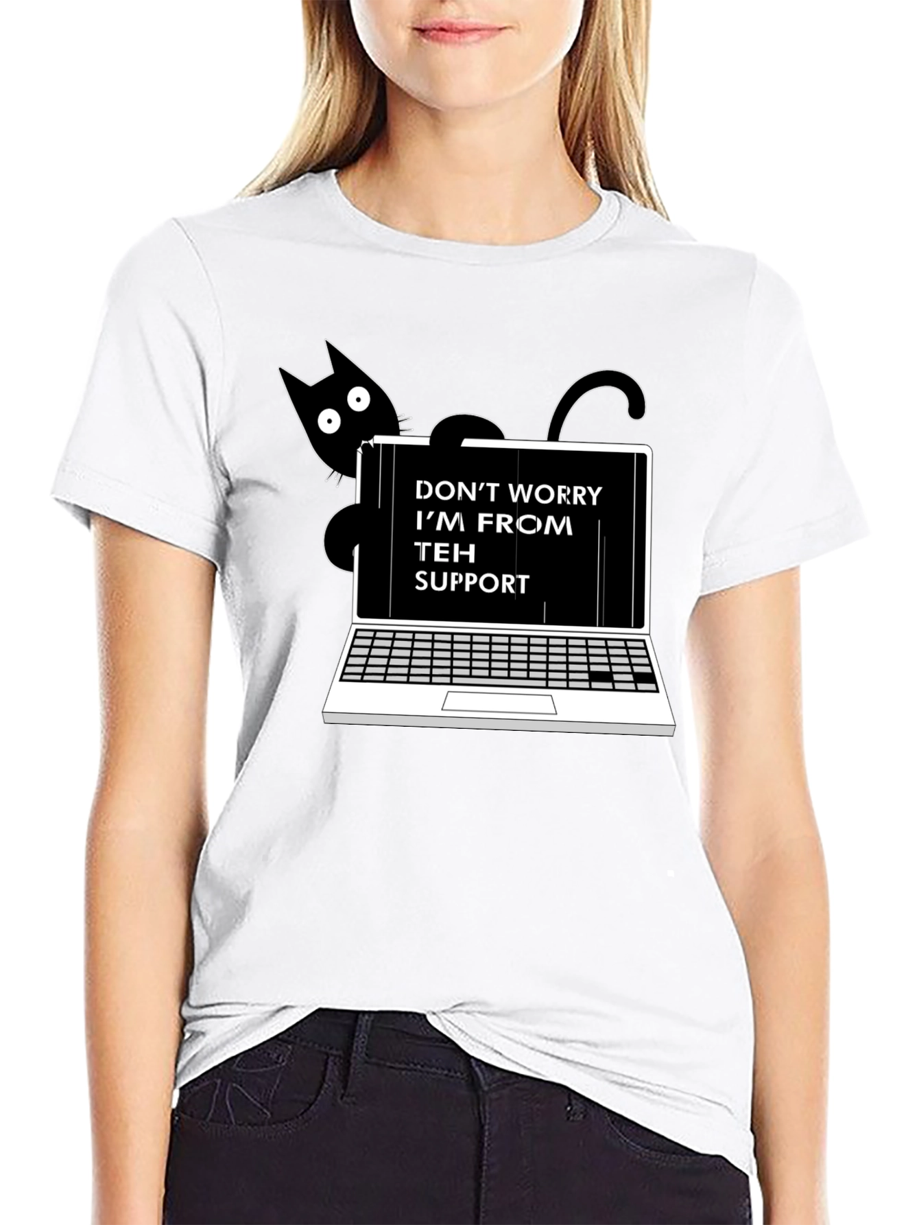 Black Funny "Teh Support" Cat Laptop Graphic Tee view 9