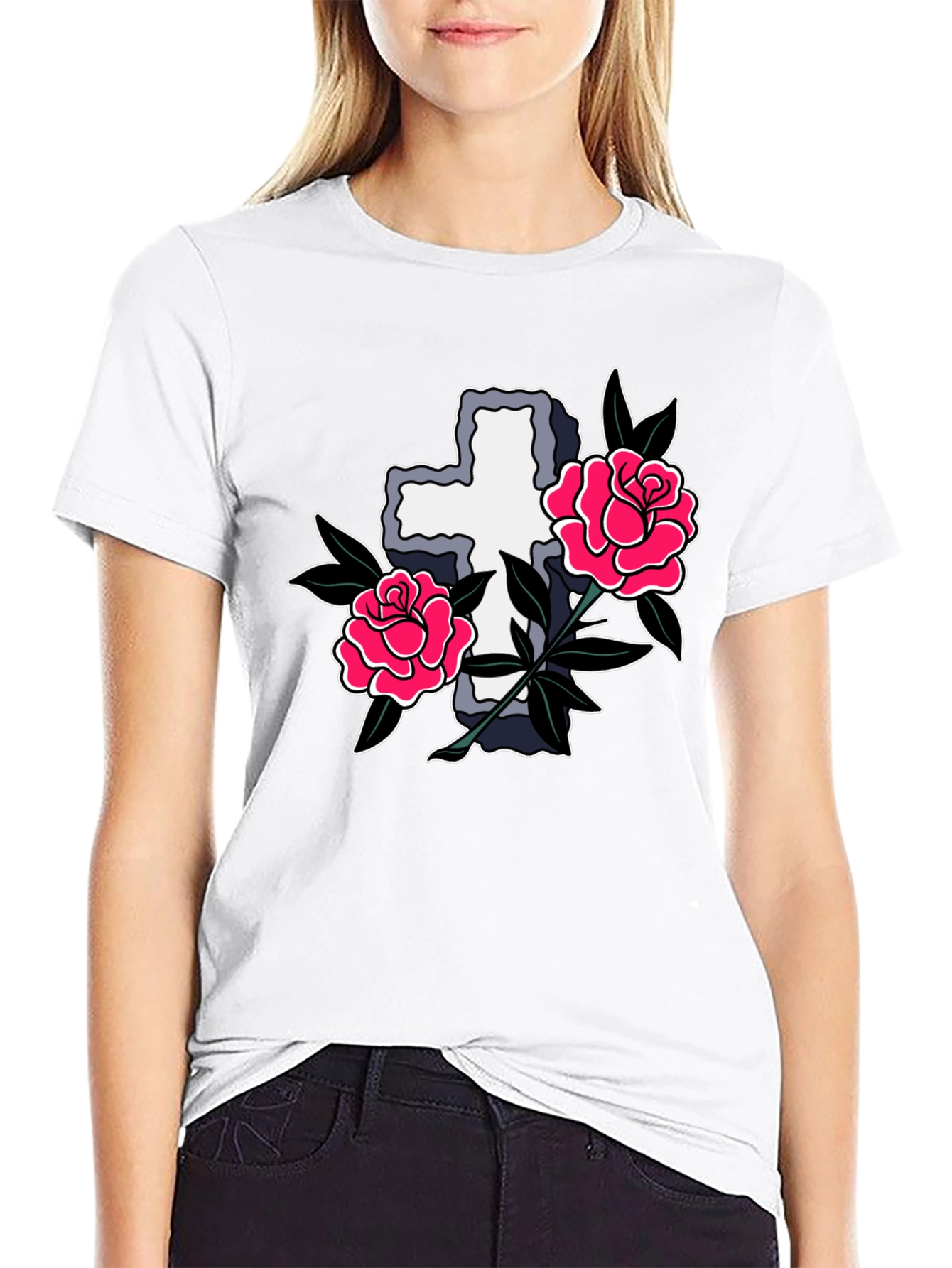 Black Cross & Roses Graphic T-Shirt - Classic Tattoo Style view 9