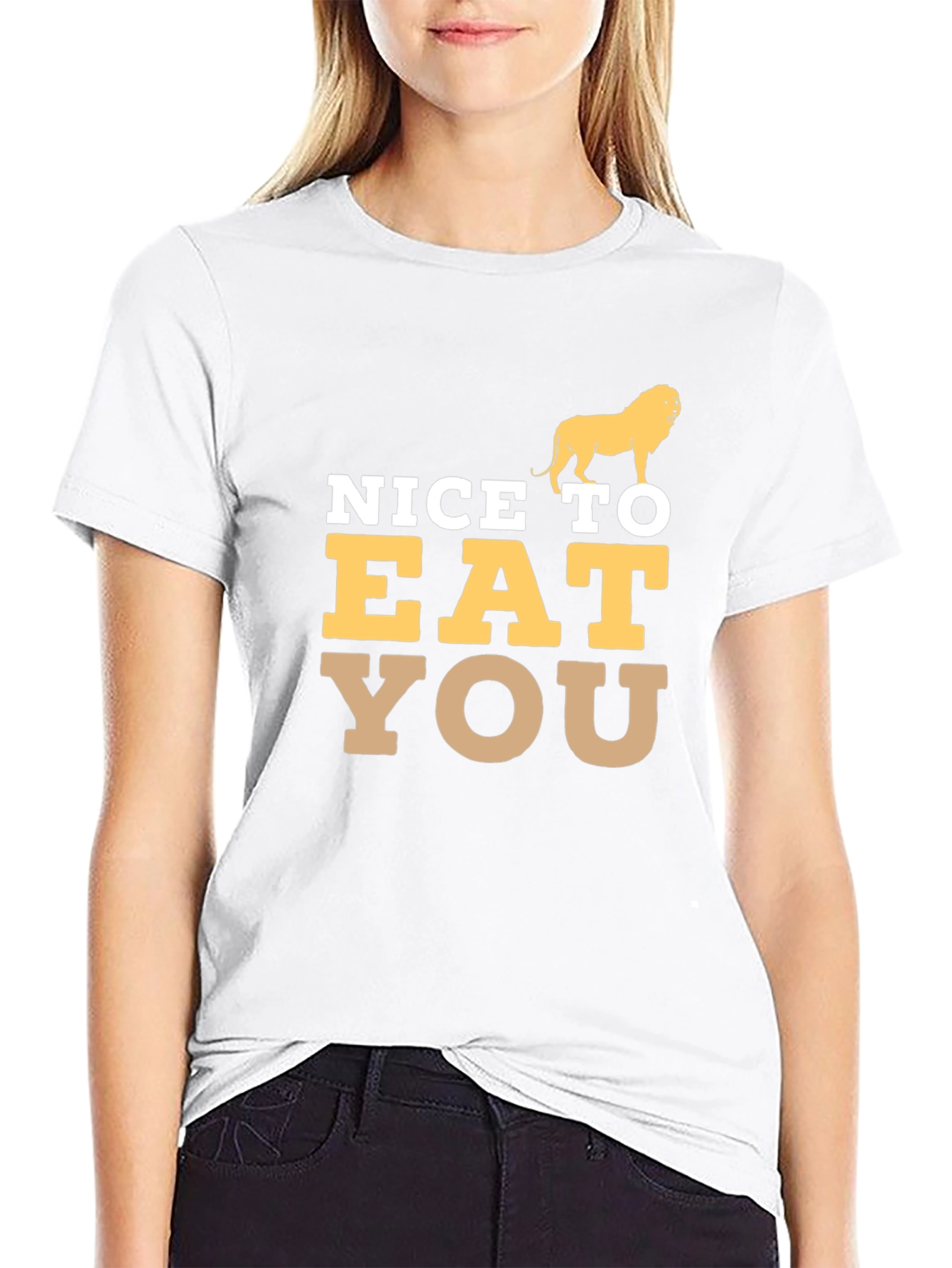 Black Funny Lion Graphic Tee - Nice To Eat You Humor T-Shirt view 9