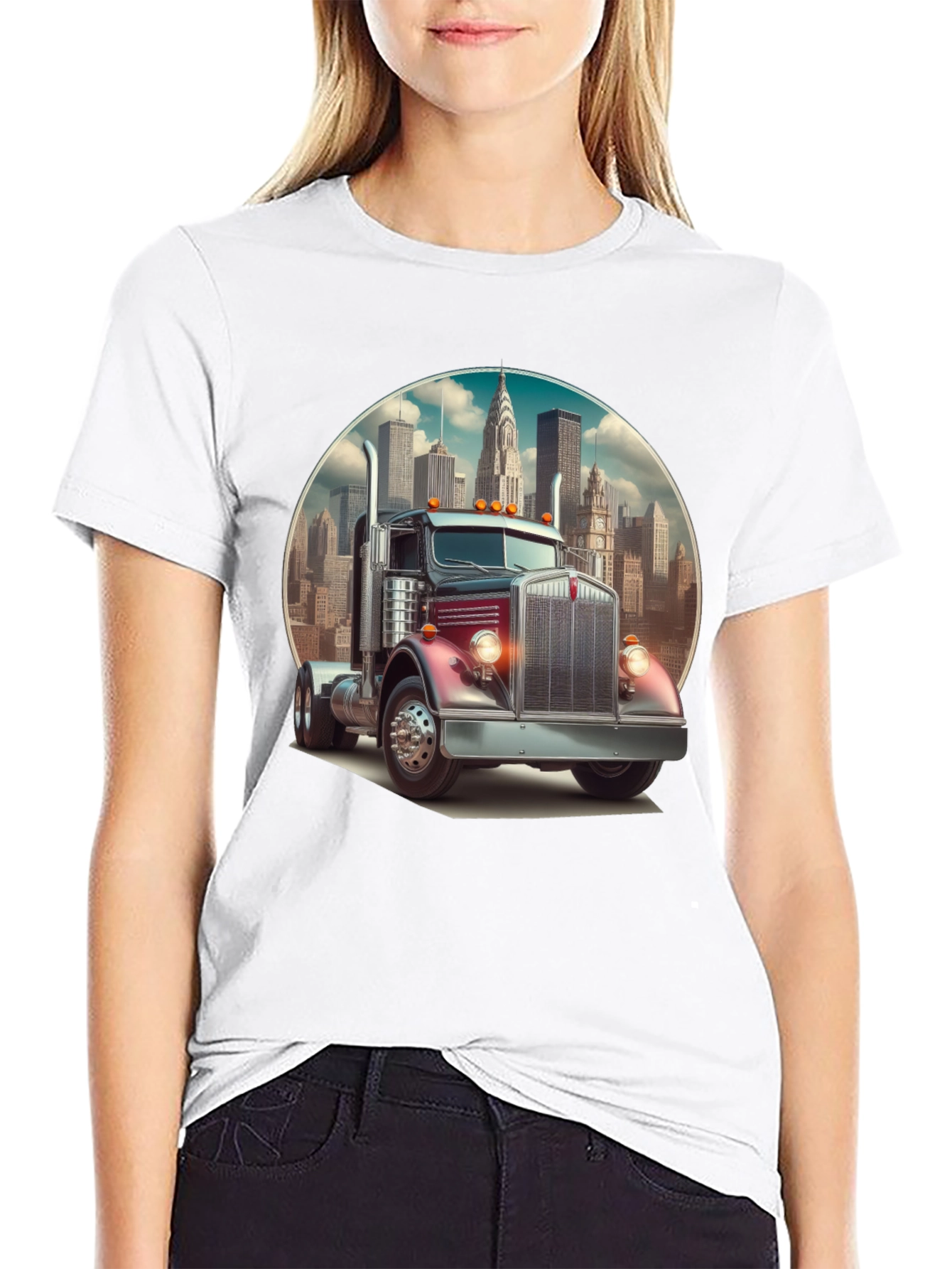 Black Trucker Tee: Vintage Big Rig & Cityscape view 9