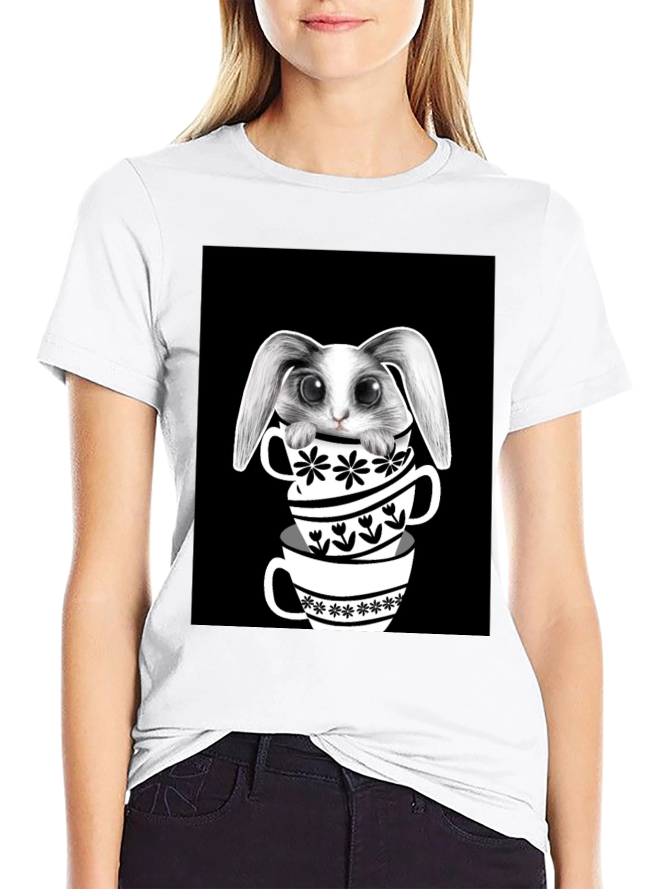 Black Rabbit in Teacups Graphic T-Shirt view 9