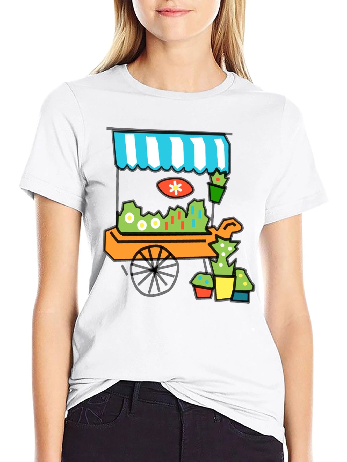 Black Whimsical Market Cart T-Shirt - Black Cotton Tee view 9