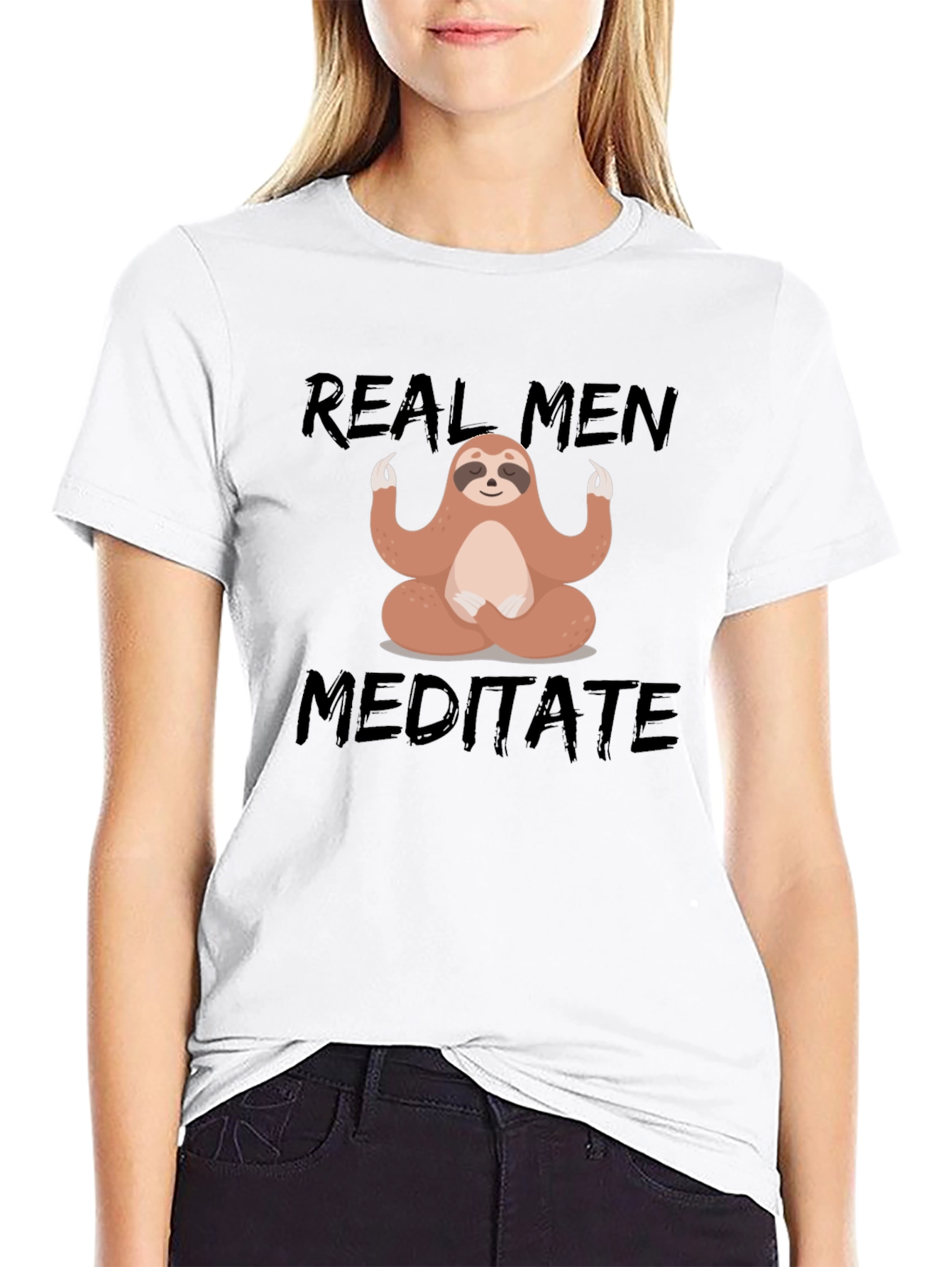 Black Real Men Meditate T-Shirt - Sloth Design view 9
