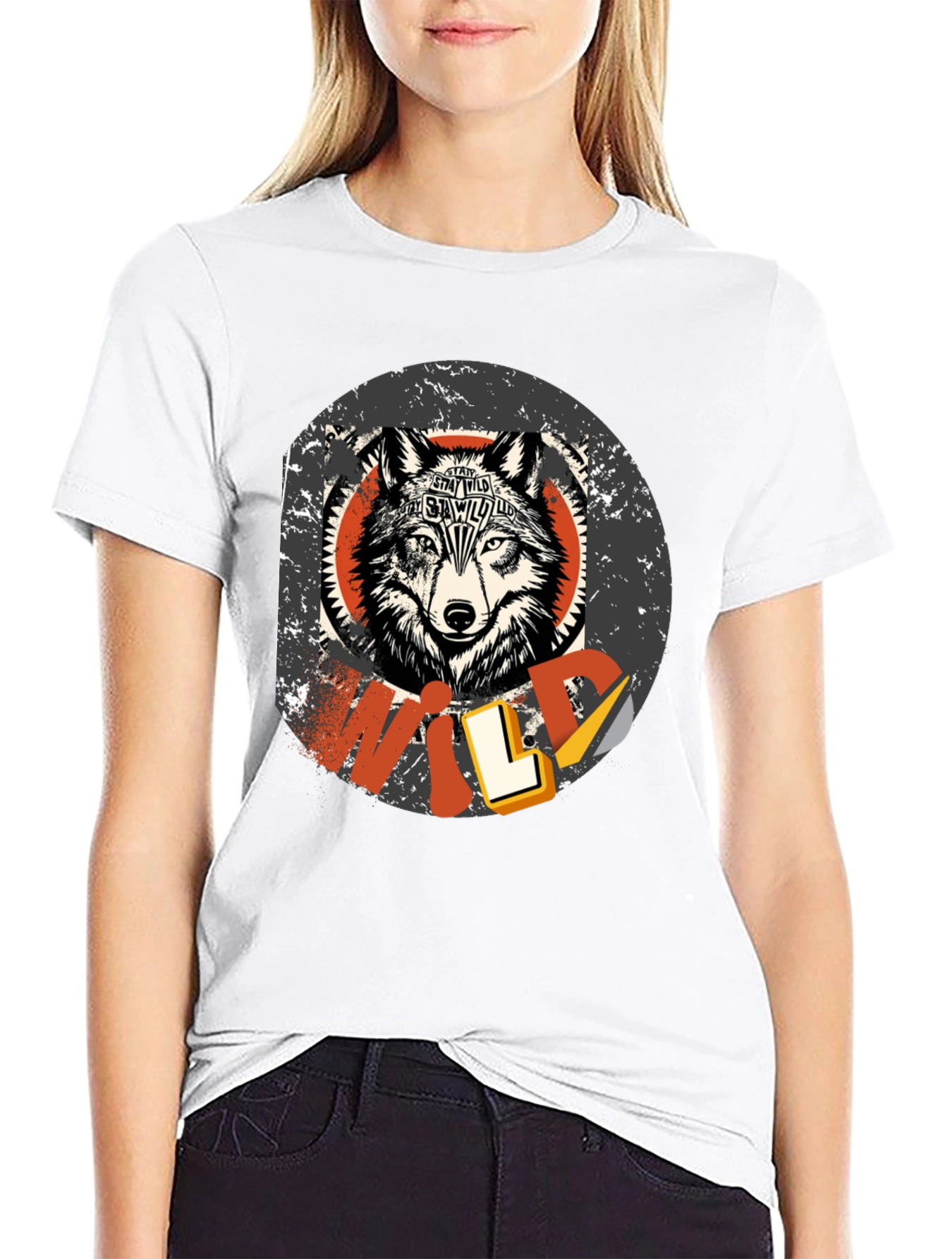 Black Stay Wild Wolf Graphic Print T-Shirt view 9
