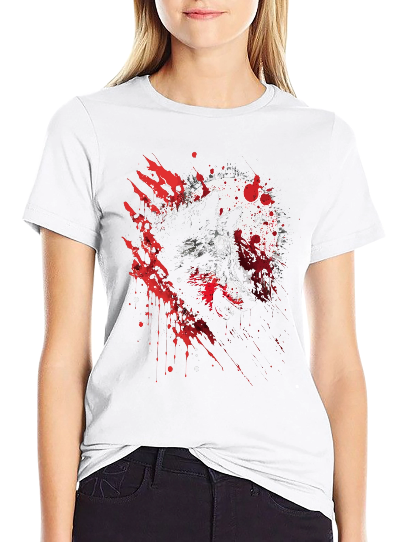 Black Wolf Moon Splatter Graphic Black T-Shirt view 9