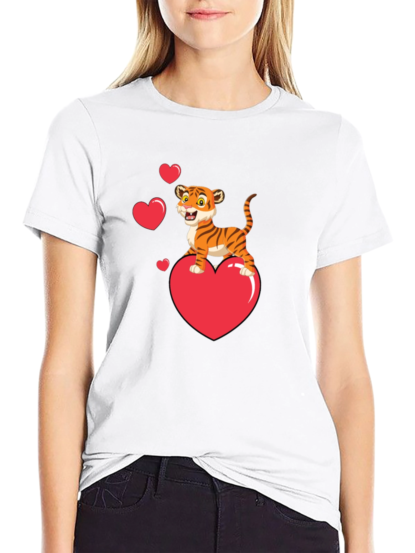 Black Cute Tiger on Heart Valentine's Black T-Shirt view 9