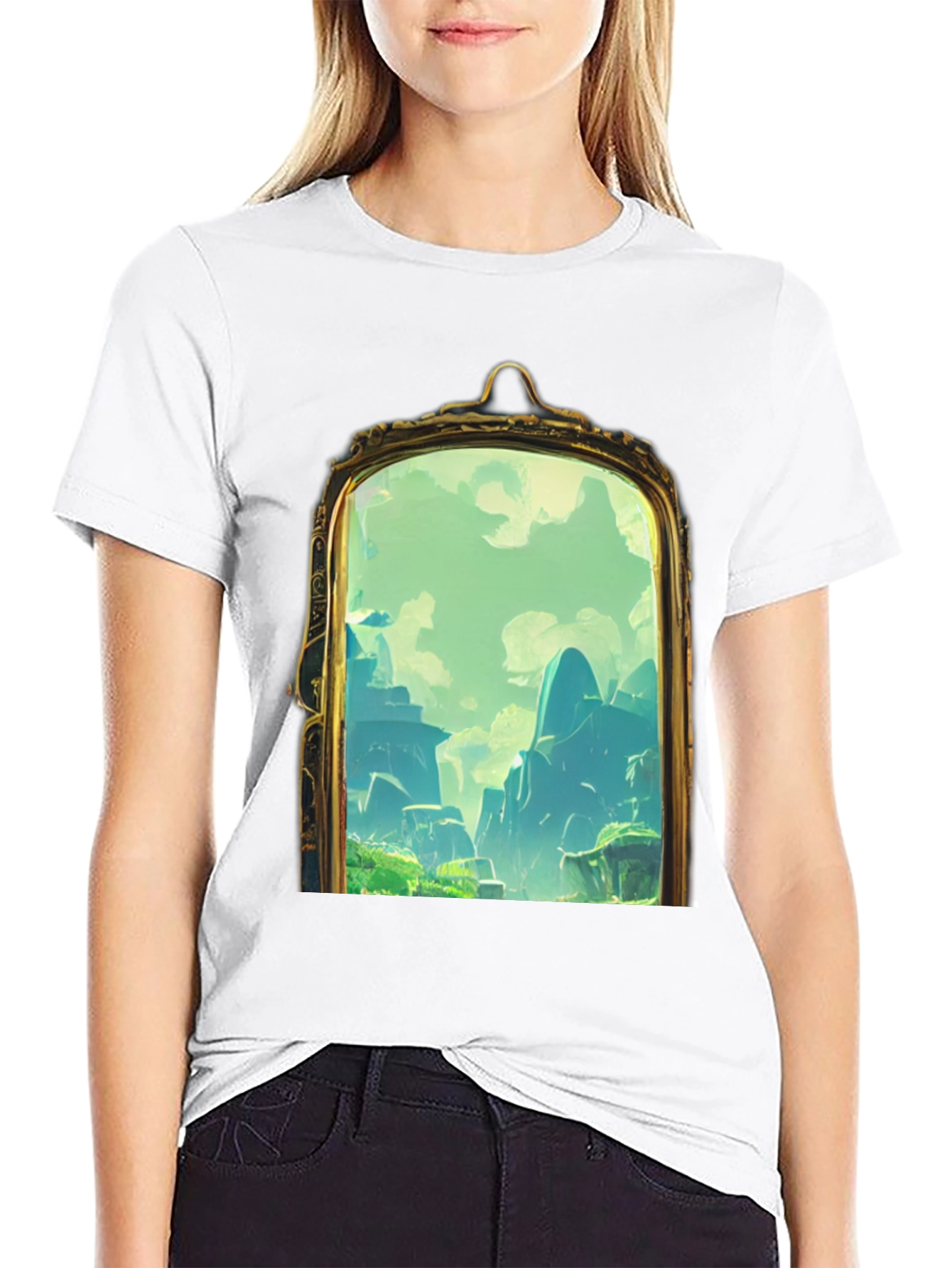 Black Black T-Shirt with Framed Landscape Design view 9