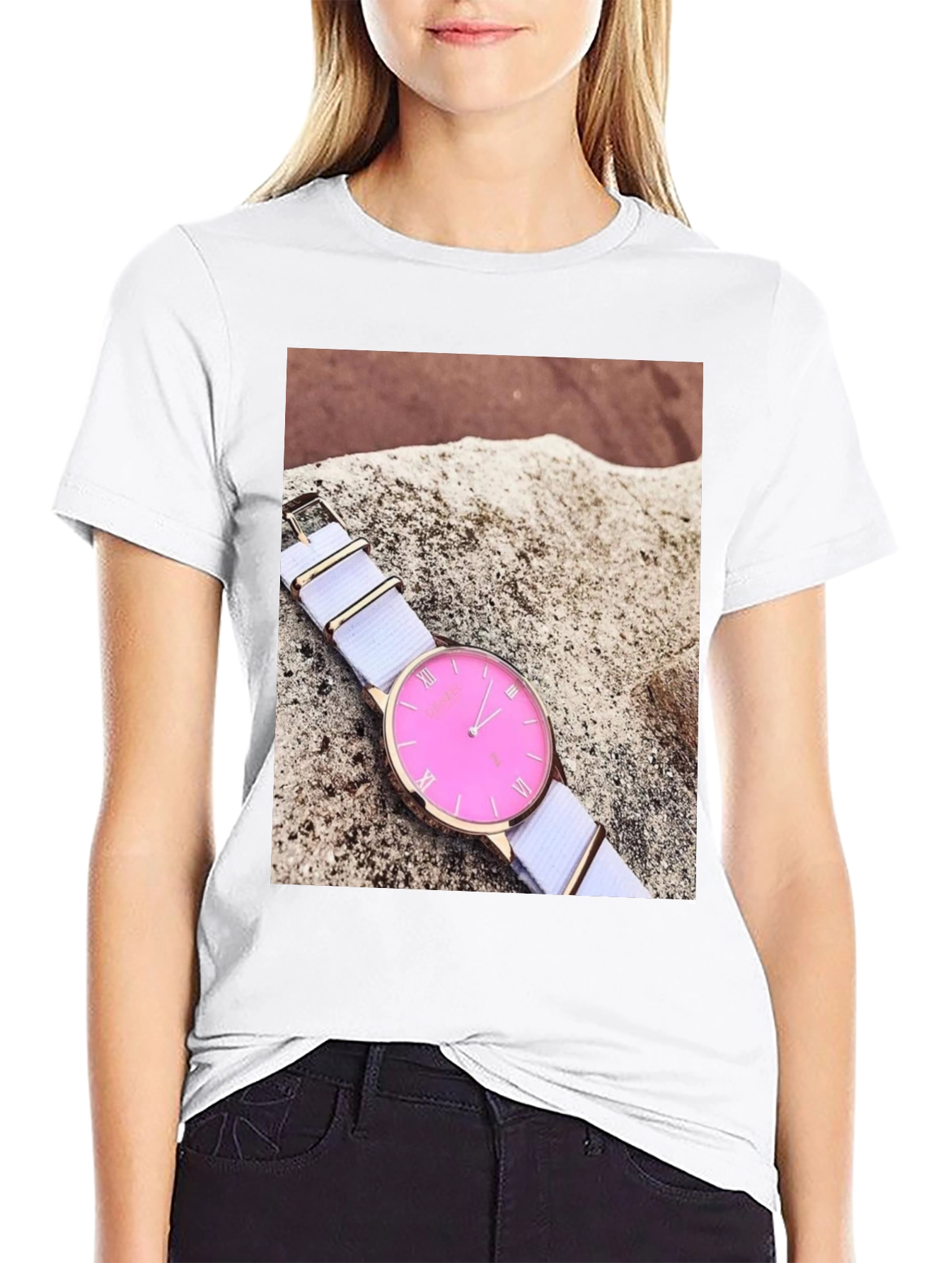 Black Stylish Pink Watch Tee - Modern Timepiece Design view 9