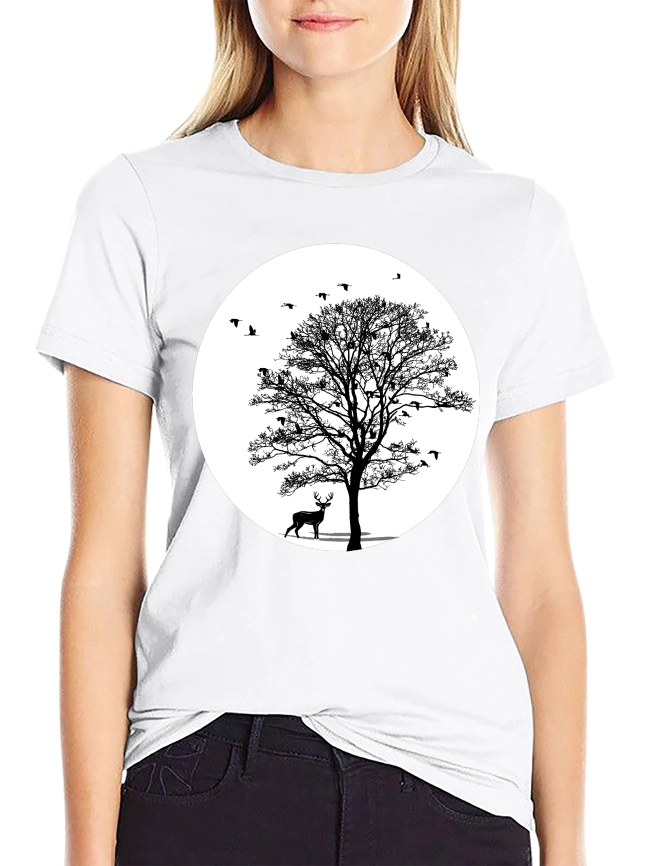 Black Nature Scene Graphic Tee - Deer and Birds view 9