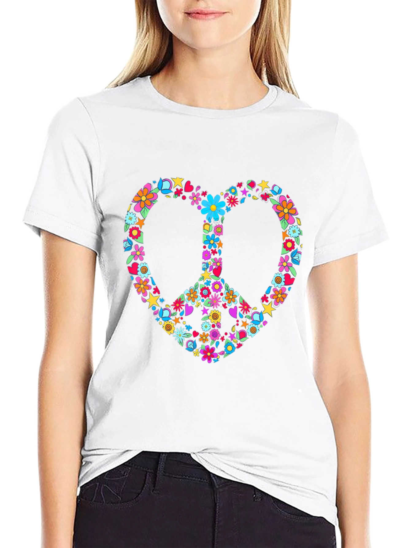 Black Floral Peace Sign Heart T-Shirt view 9