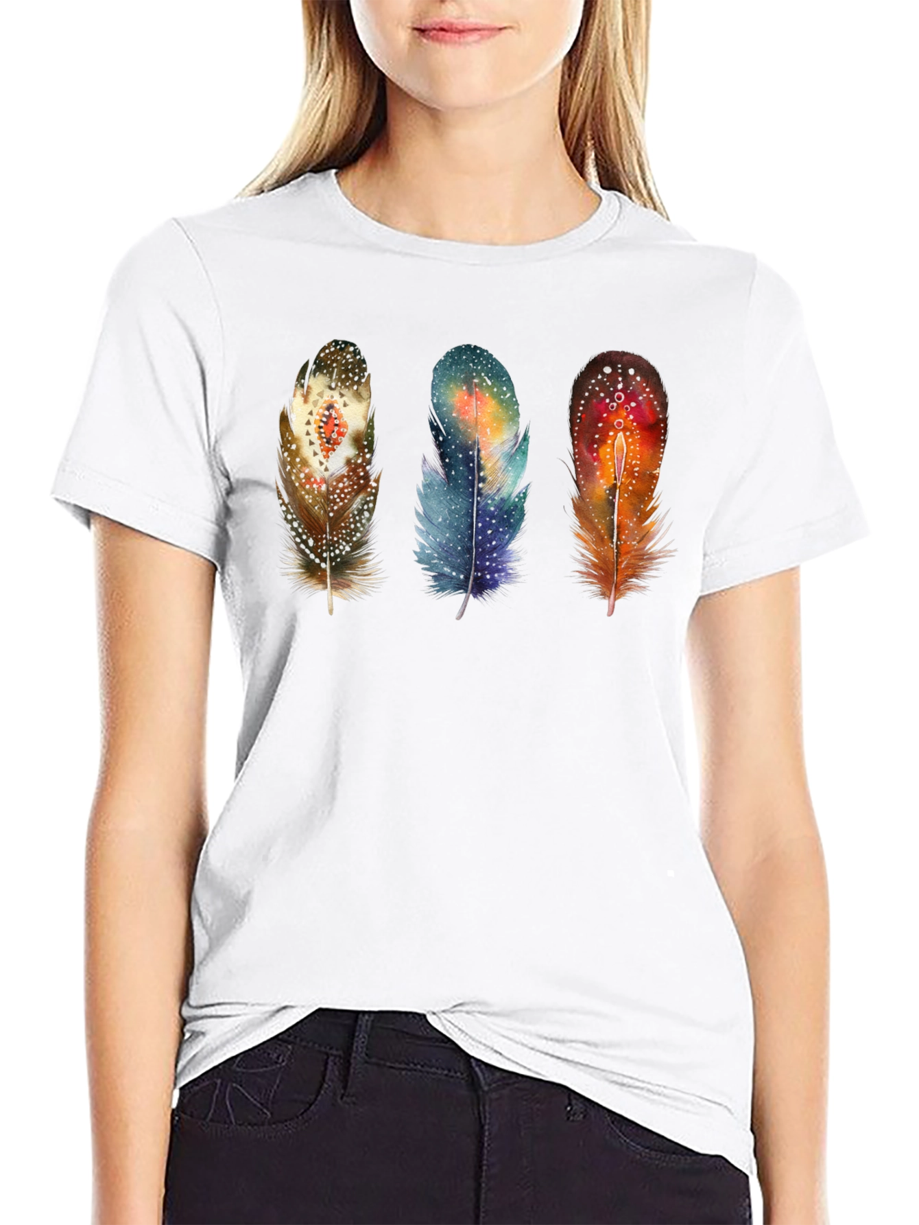 Black Feather Trio Graphic T-Shirt - Unique Artistic Design view 9