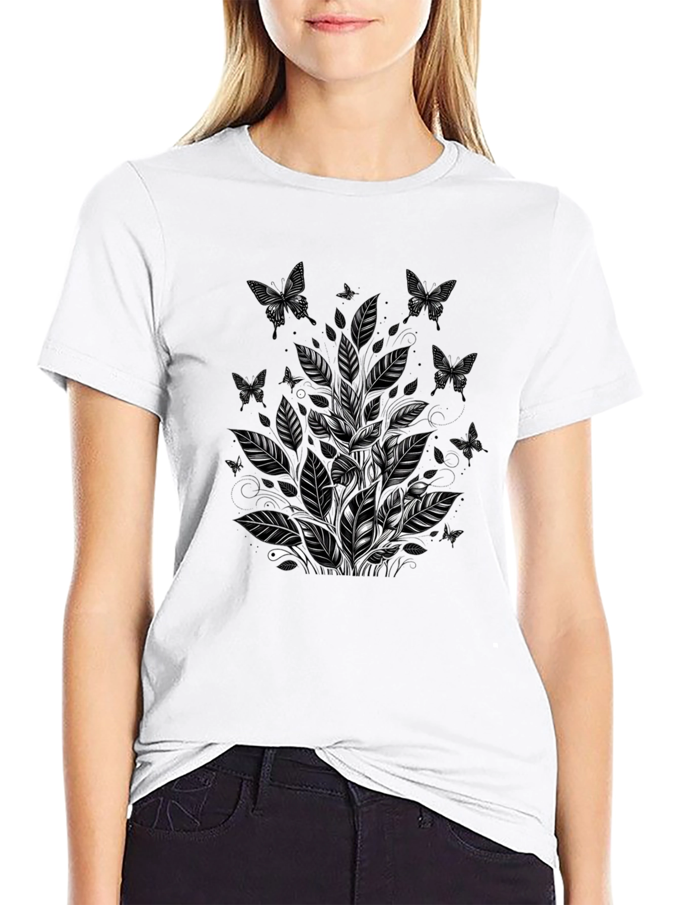 Black Butterfly Botanical Graphic Tee - Black Cotton Blend view 9