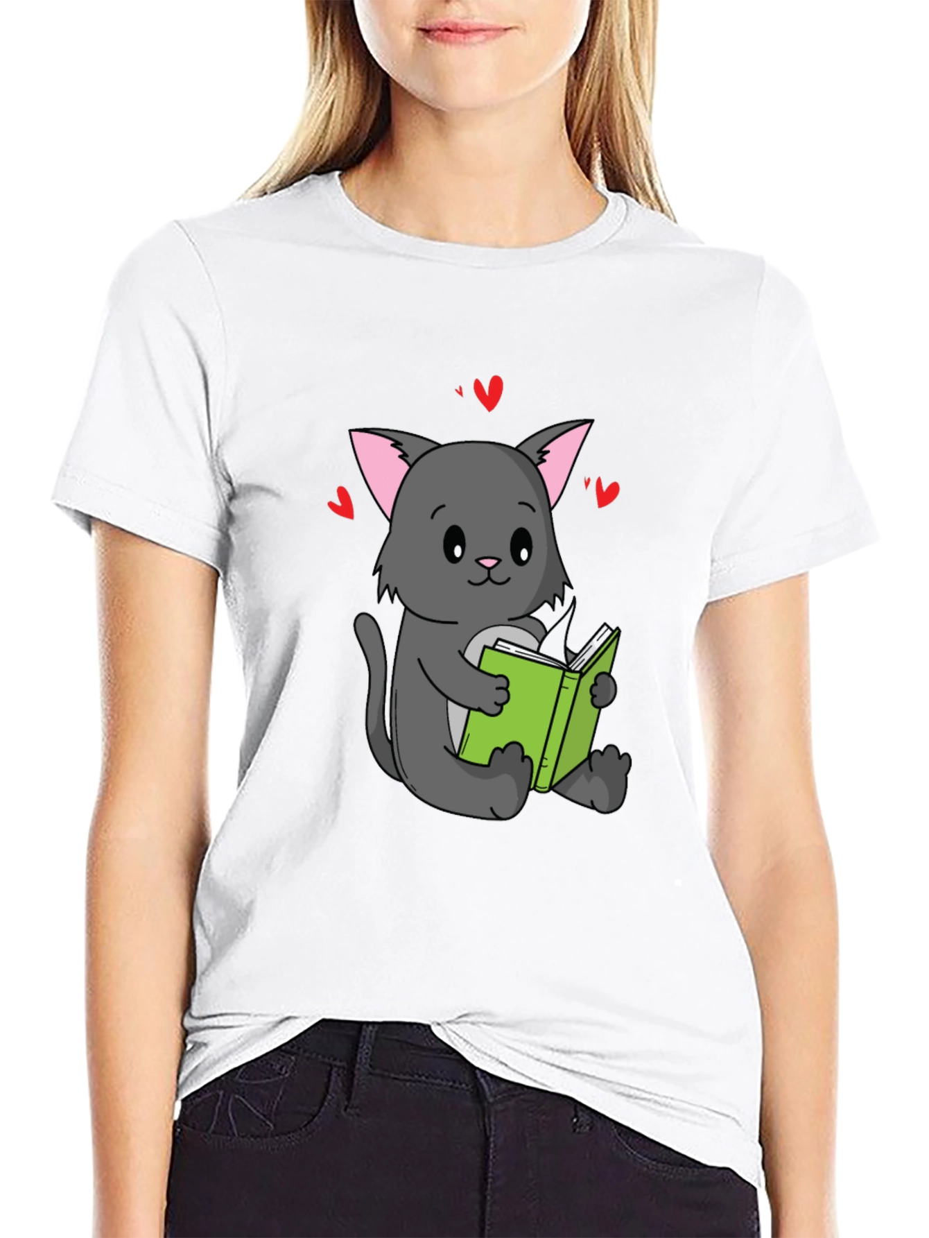 Black Cute Cat Reading Book T-Shirt - Unisex view 9