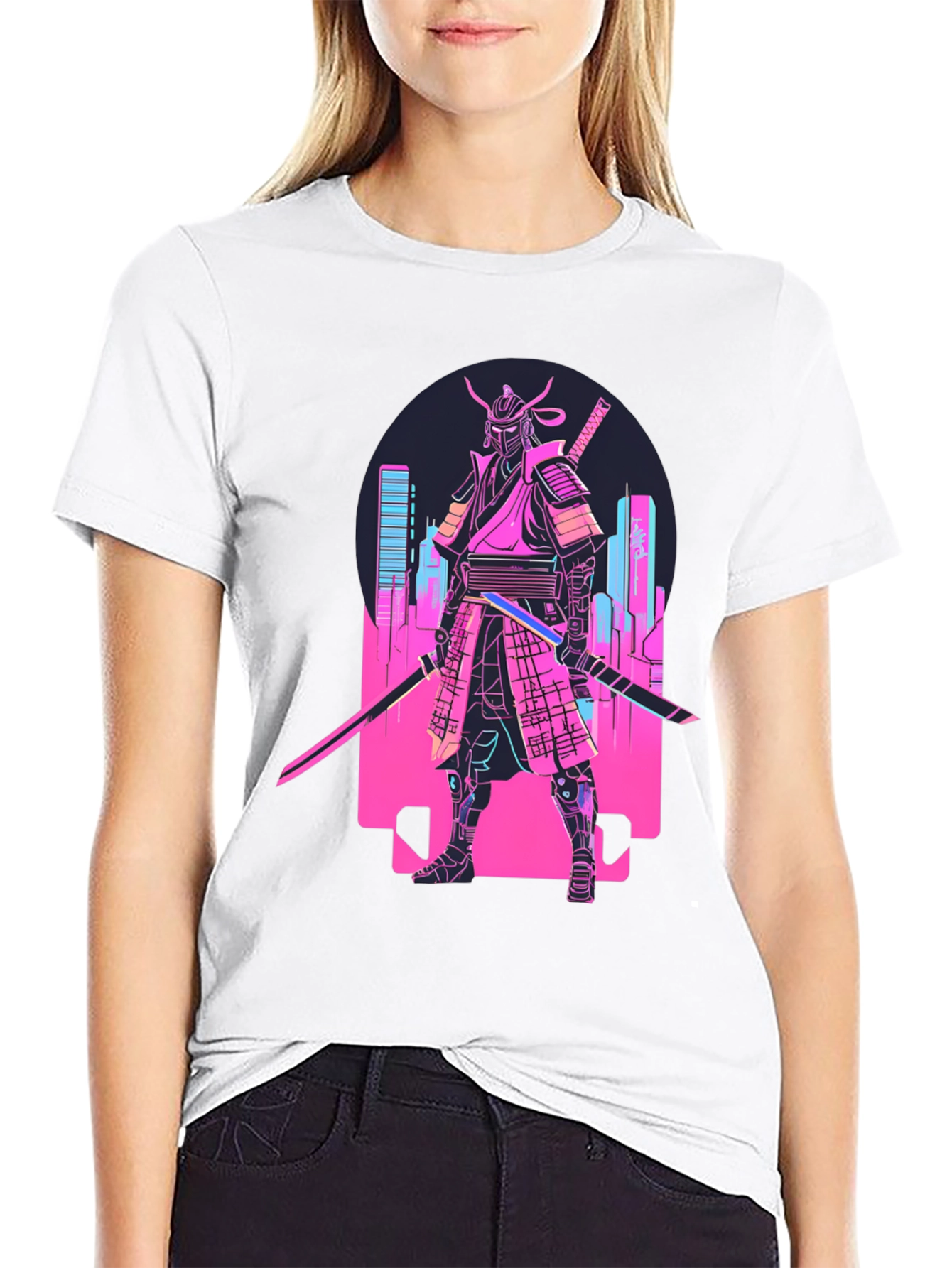 Black Cyberpunk Samurai T-Shirt - Neon City Warrior view 9