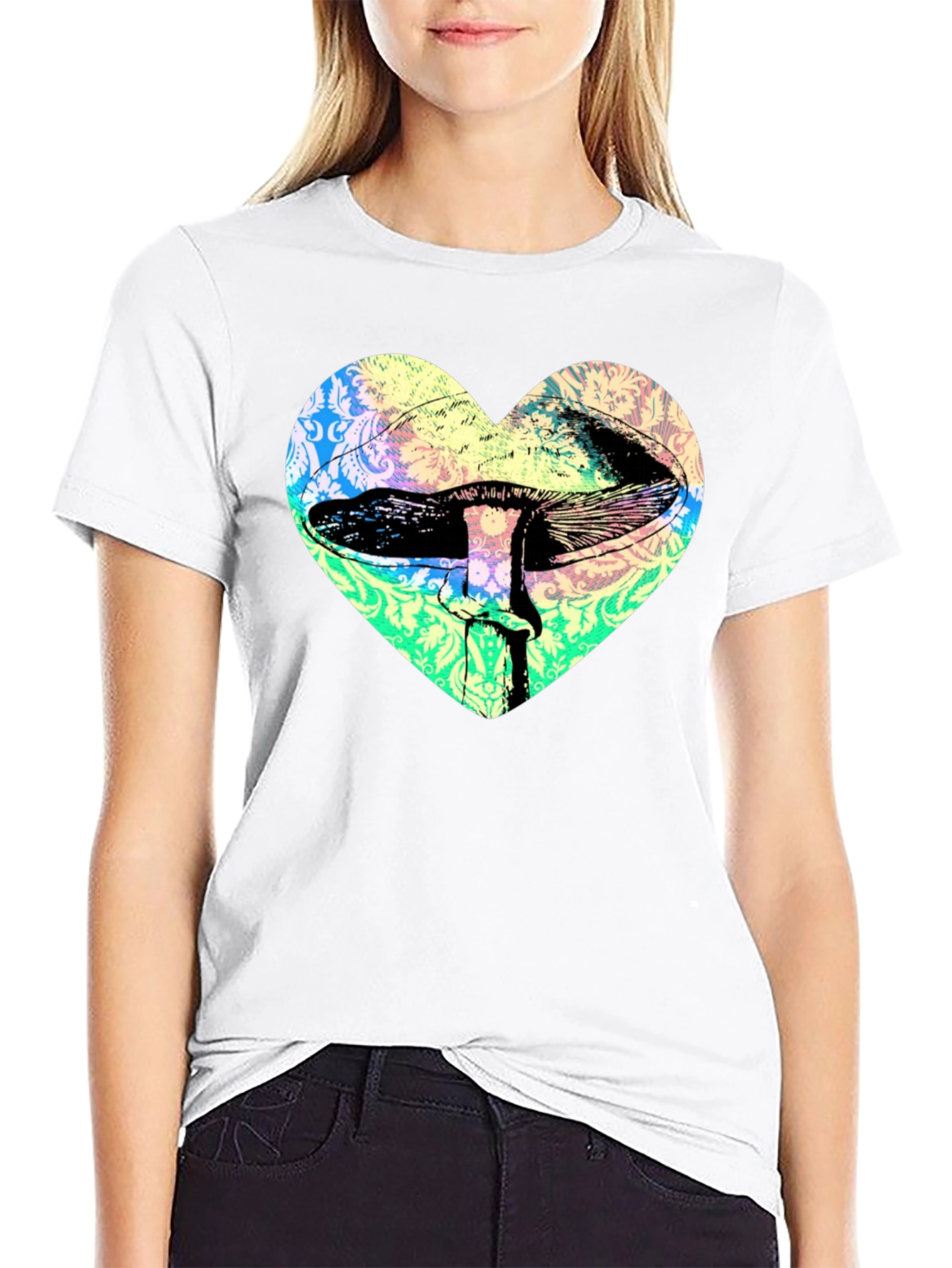 Black Psychedelic Mushroom Heart T-Shirt - Groovy Graphic Tee view 9