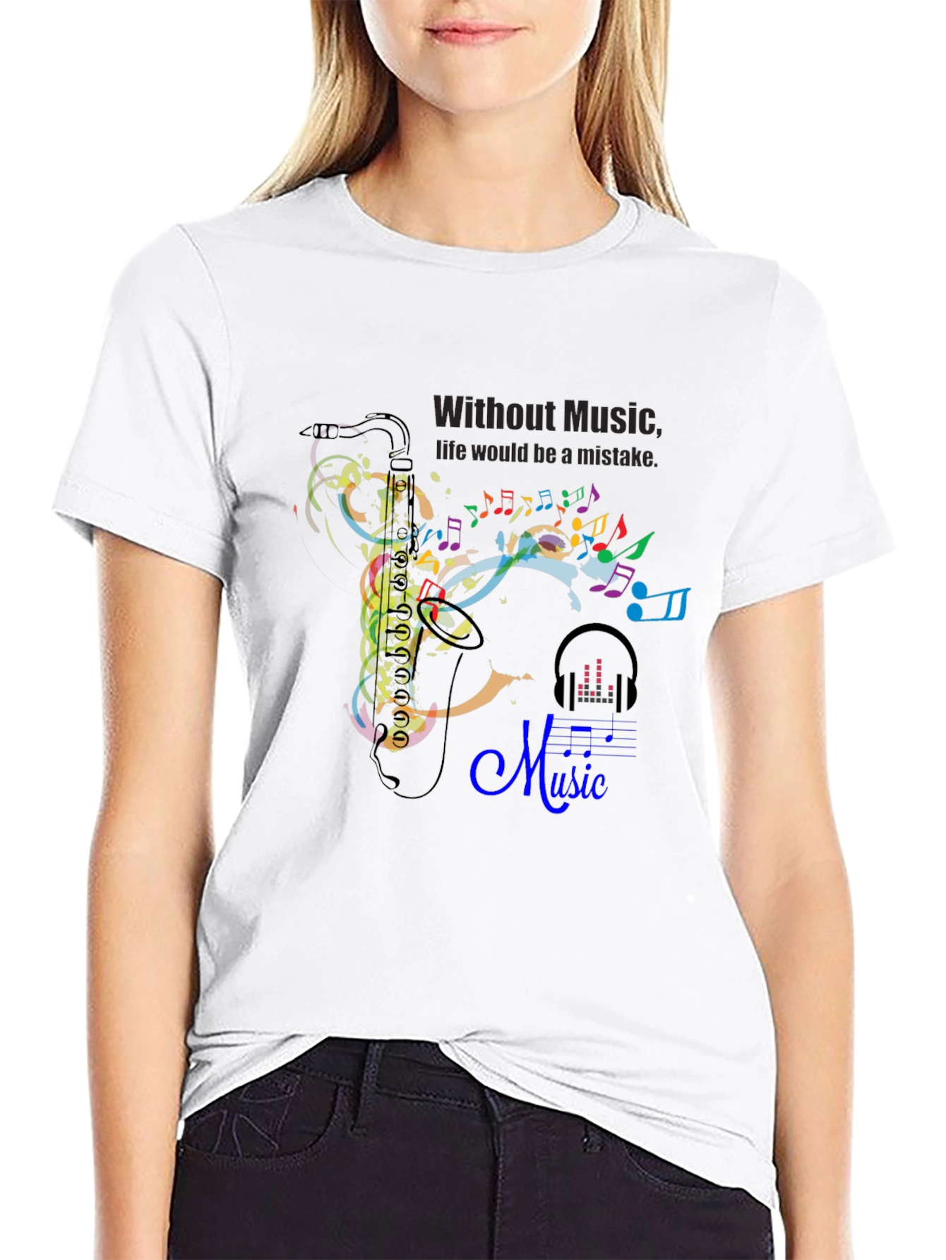 Black Music Lover's Tee: Saxophone & Notes Graphic Black T-Shirt view 9