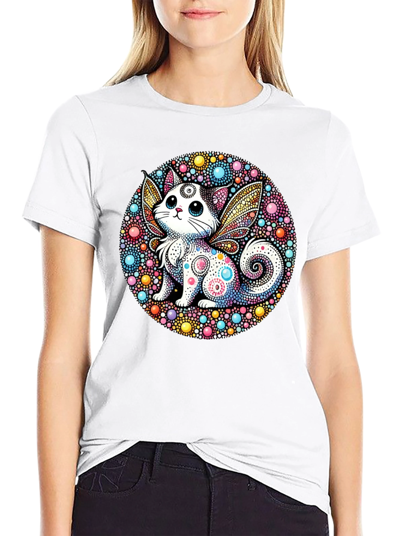 Whimsical Cat Fairy Black T-Shirt - 9