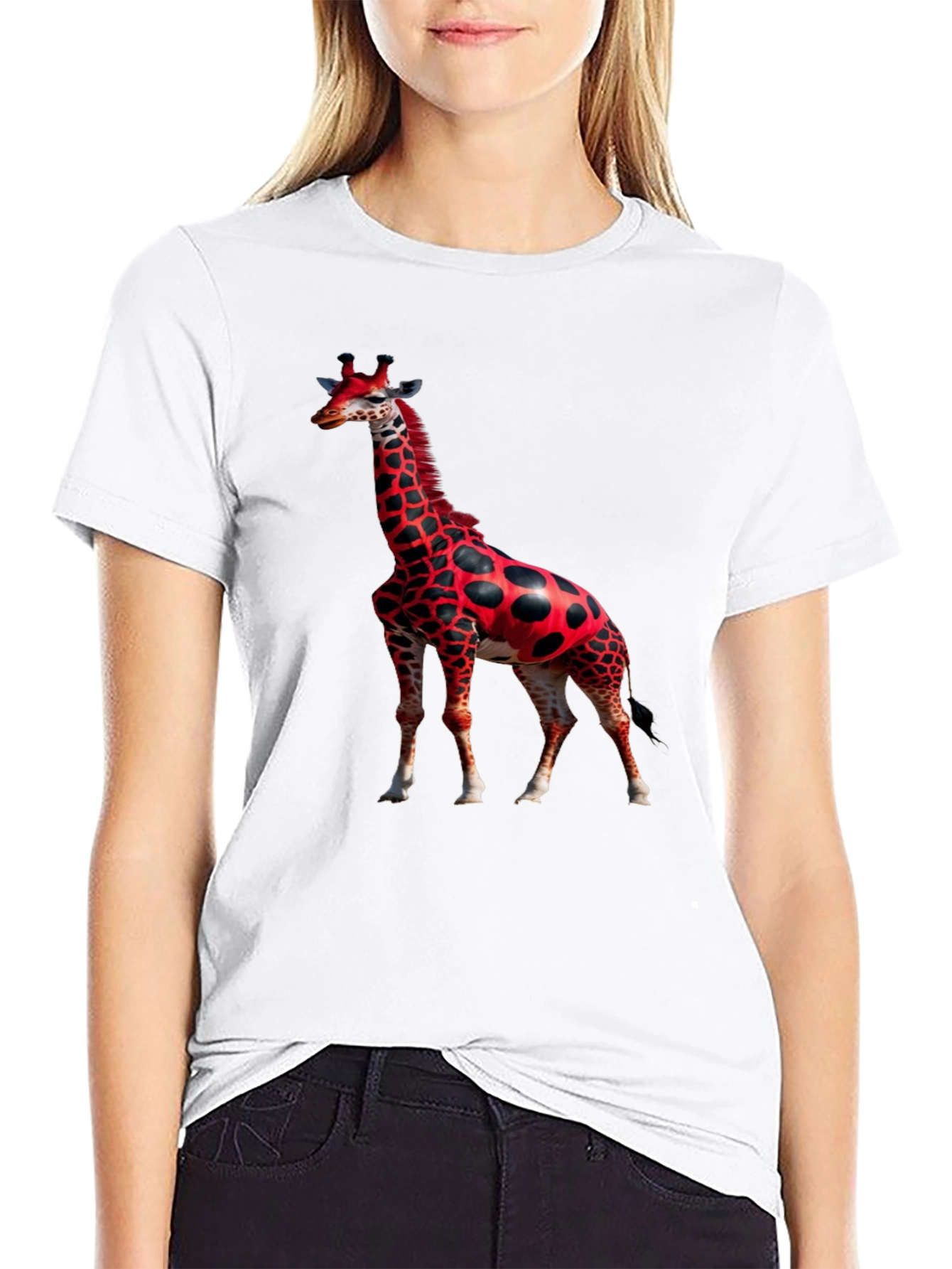 Black Red Giraffe Print Black T-Shirt view 9
