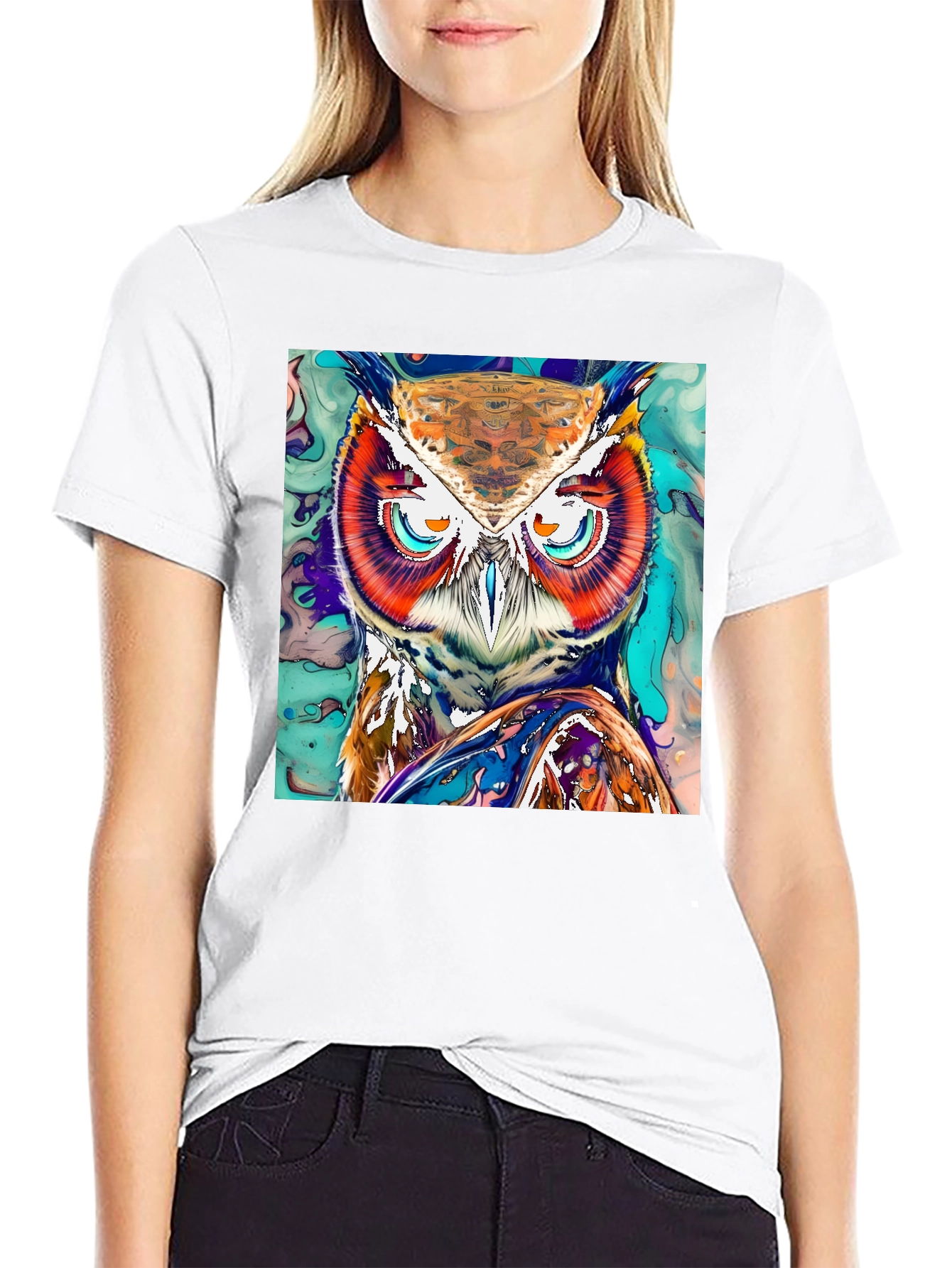 Black Artistic Owl Graphic Print T-Shirt view 9