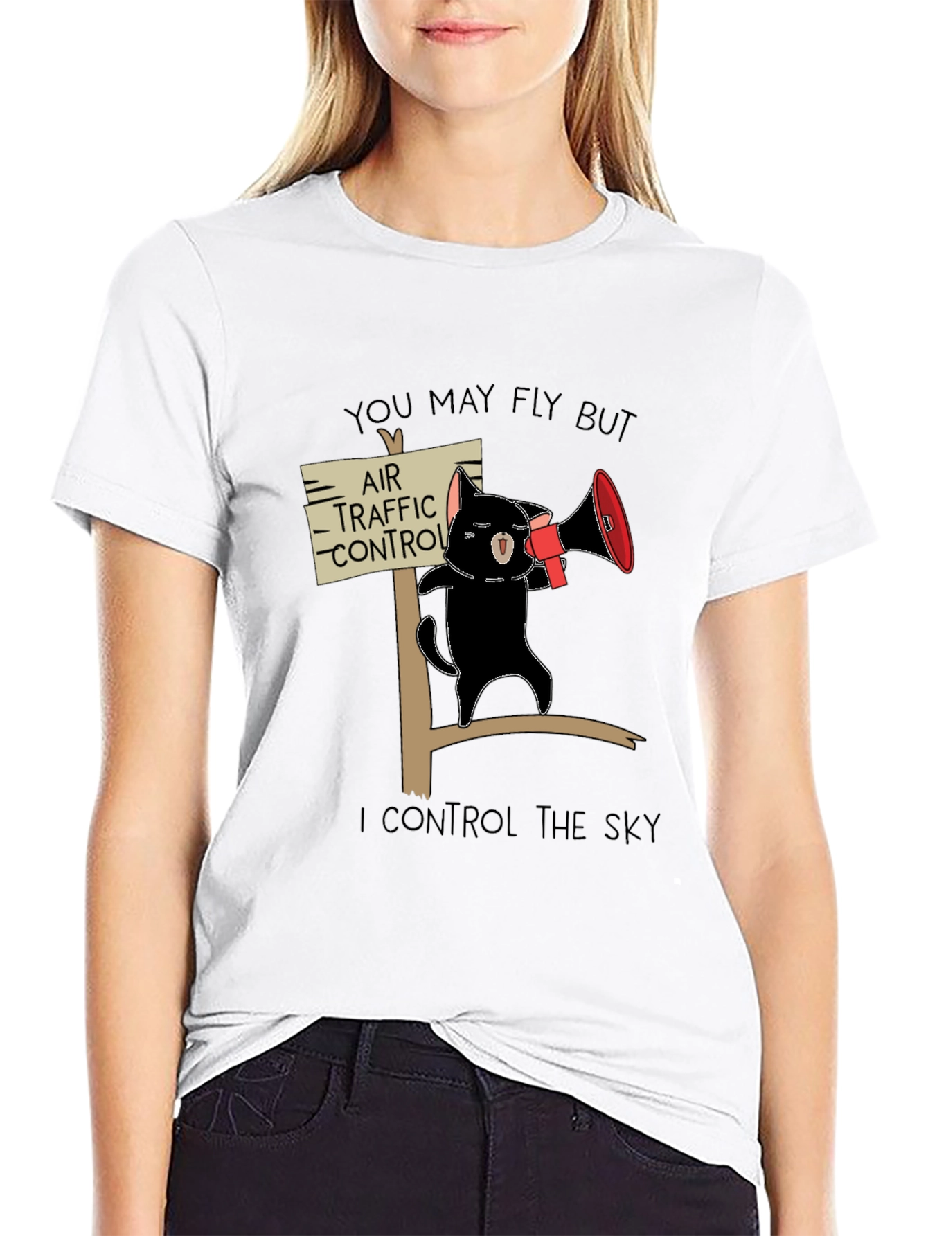 Black Air Traffic Control Cat T-Shirt - Funny Pilot Gift view 9
