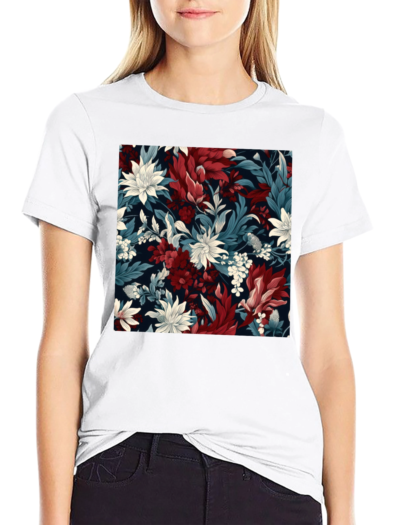 Black Floral Pattern Black T-Shirt - Modern Style view 9