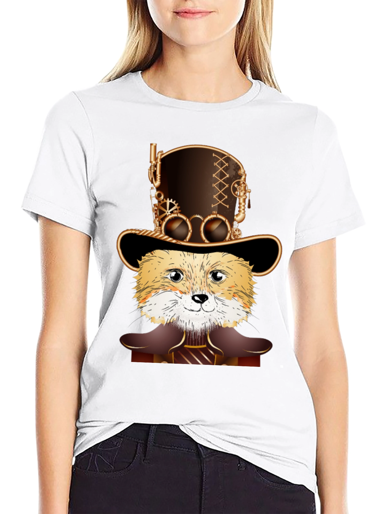 Black Steampunk Fox T-Shirt - Unique Design view 9