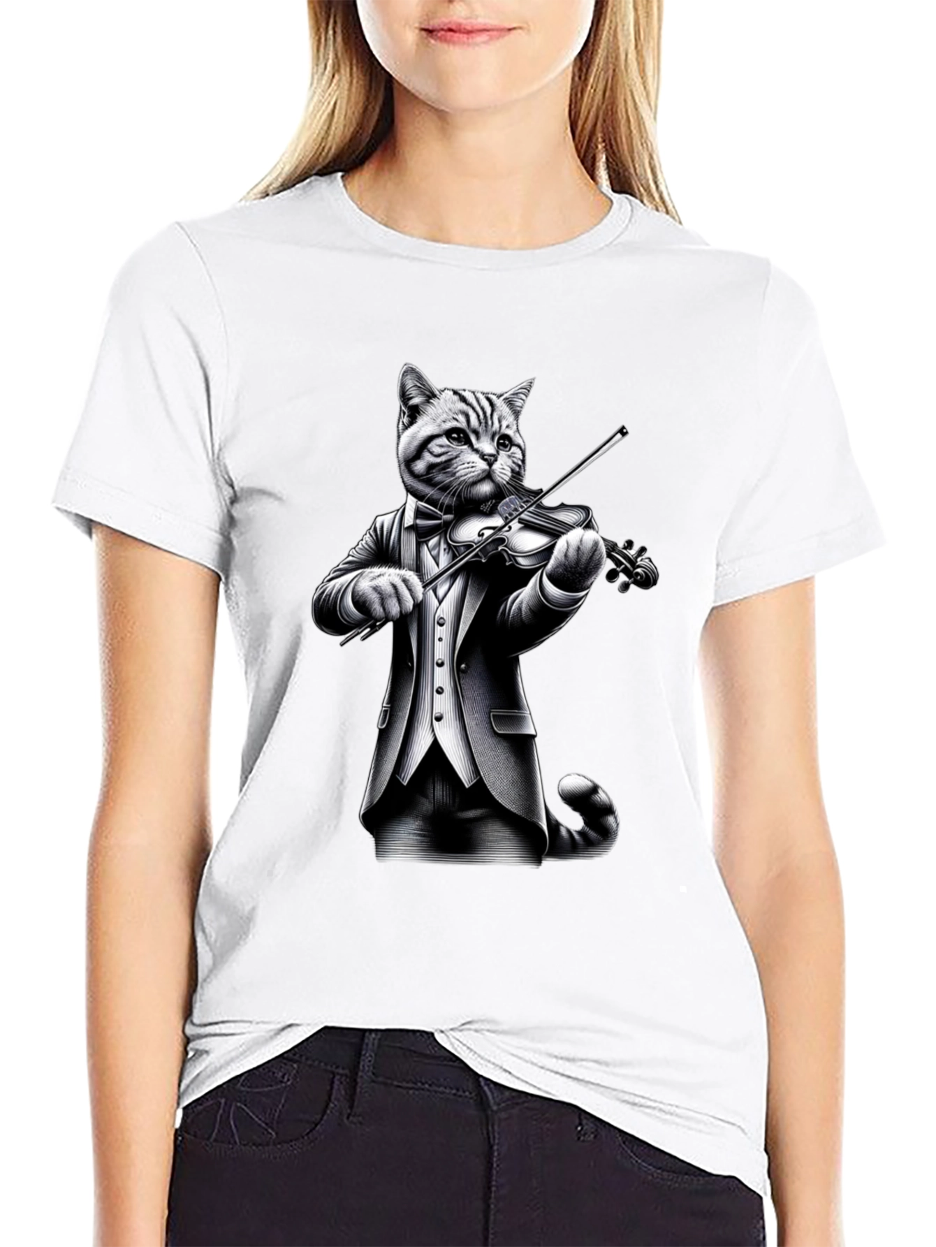 Black Cat Violinist T-Shirt - Unique Animal Graphic Tee view 9