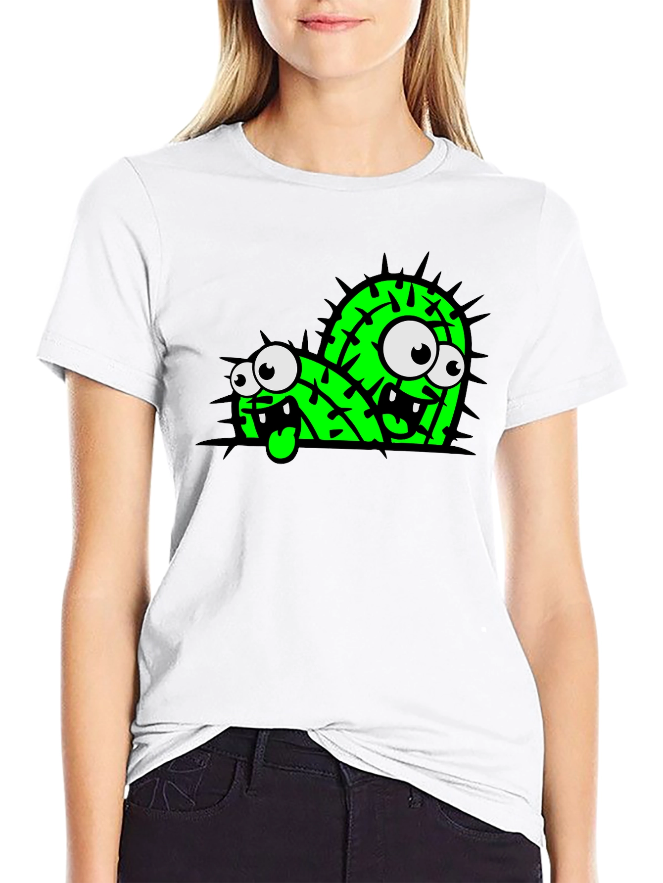 Black Funny Cartoon Cactus Graphic Black T-Shirt view 9