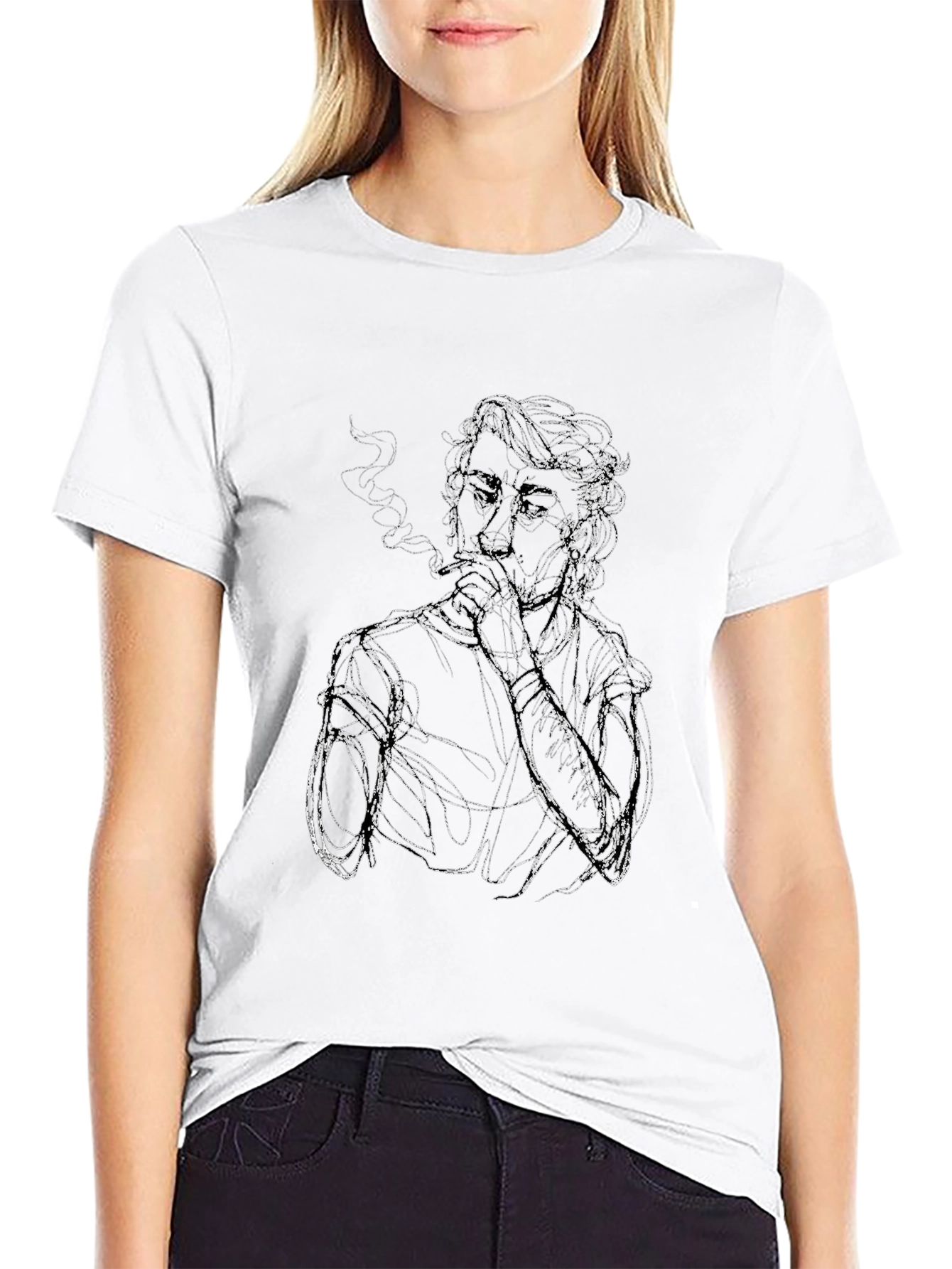 Black Smoking Sketch Graphic Tee - Black Cotton view 9
