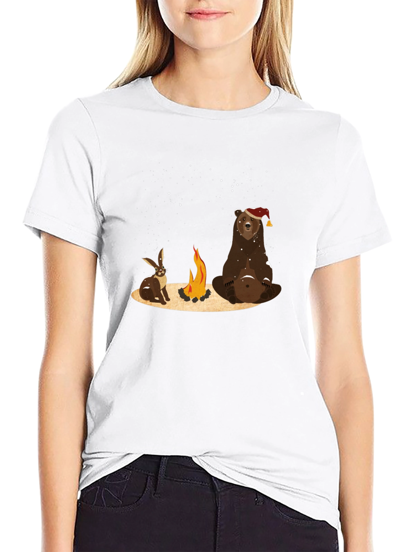 Black Bear and Bunny Campfire T-Shirt - Cozy and Cute view 9
