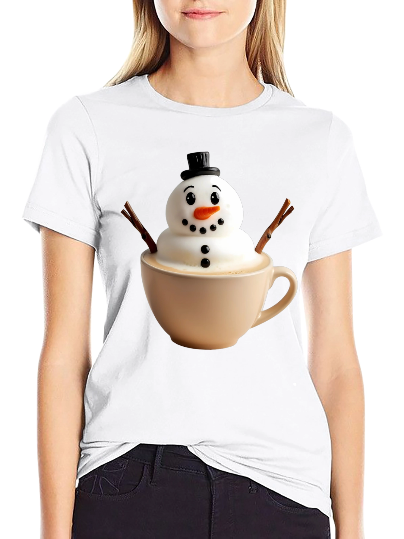 Black Whimsical Snowman Latte Art T-Shirt view 9