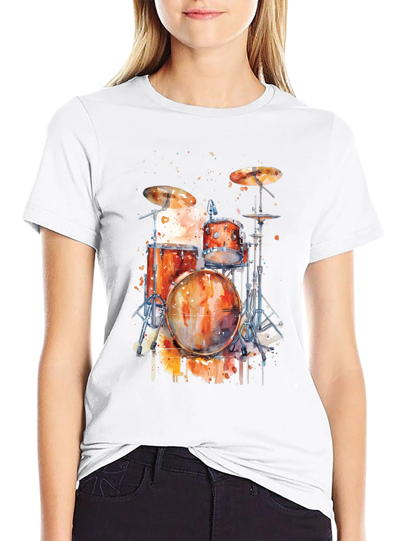 Black Drum Set Watercolor Graphic Tee view 9