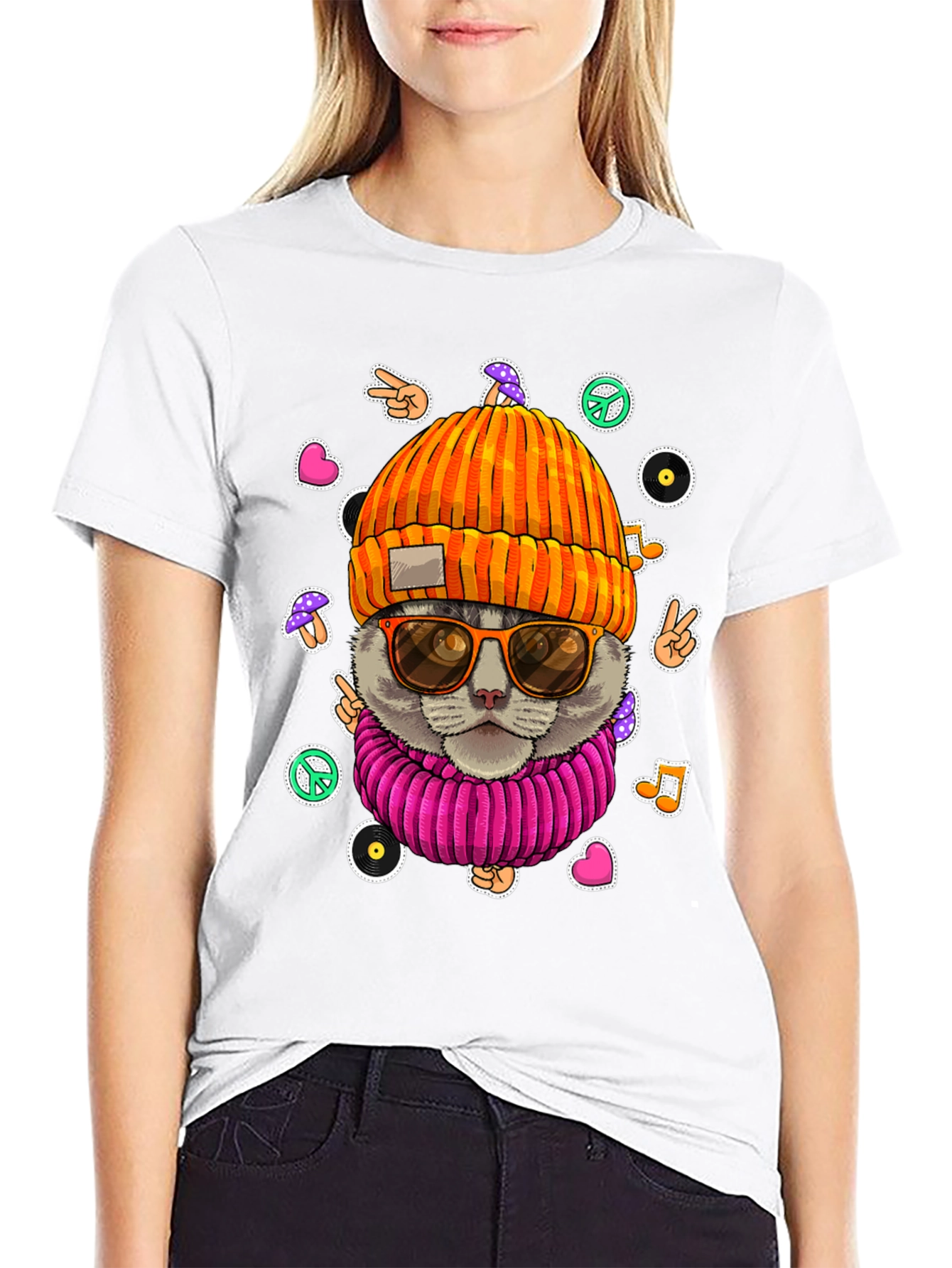 Black Cool Cat Graphic Tee - Hippie Style view 9