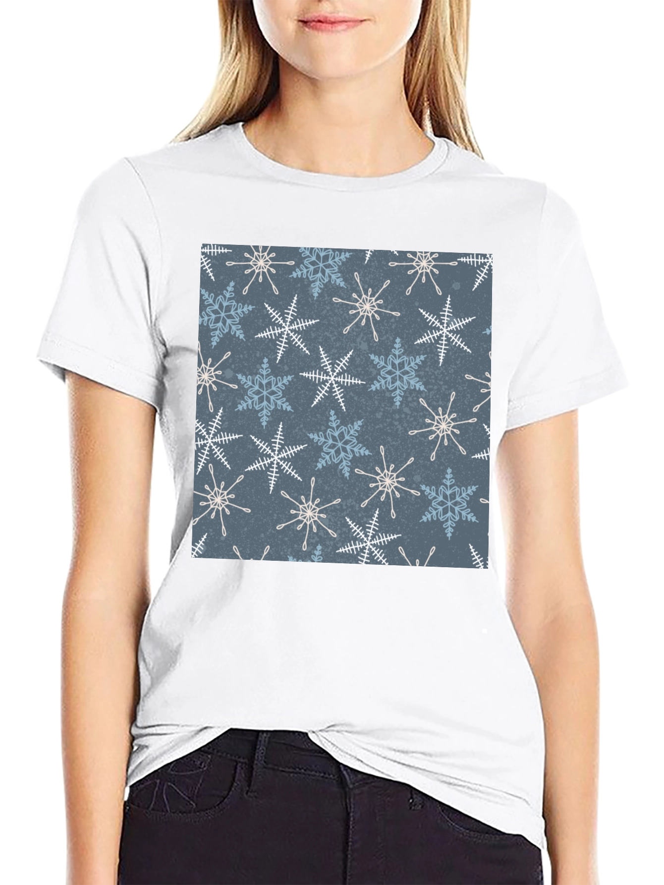Black Snowflake Patterned Black T-Shirt view 9
