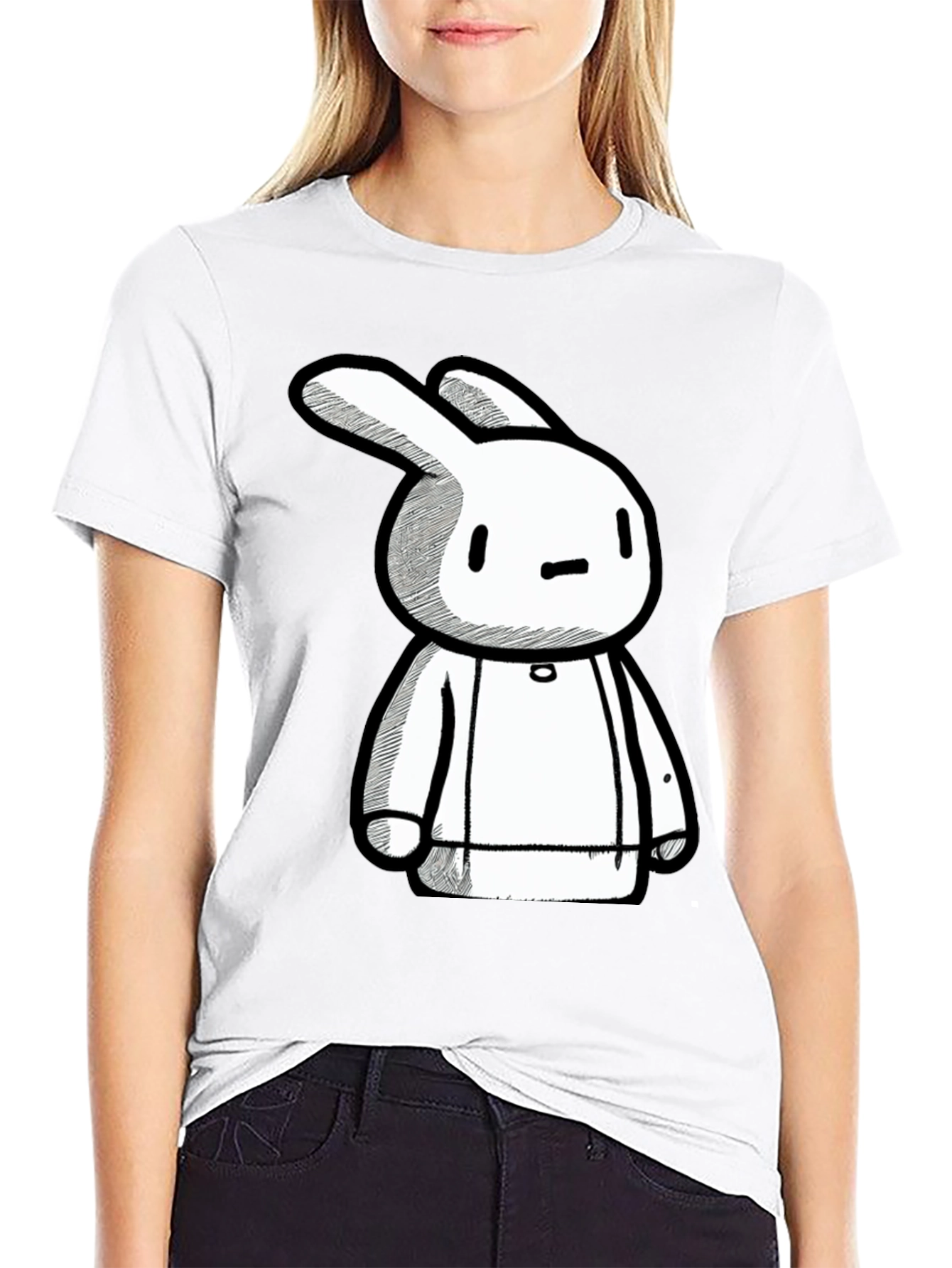 Black Cartoon Bunny Graphic Print Black Tee view 9