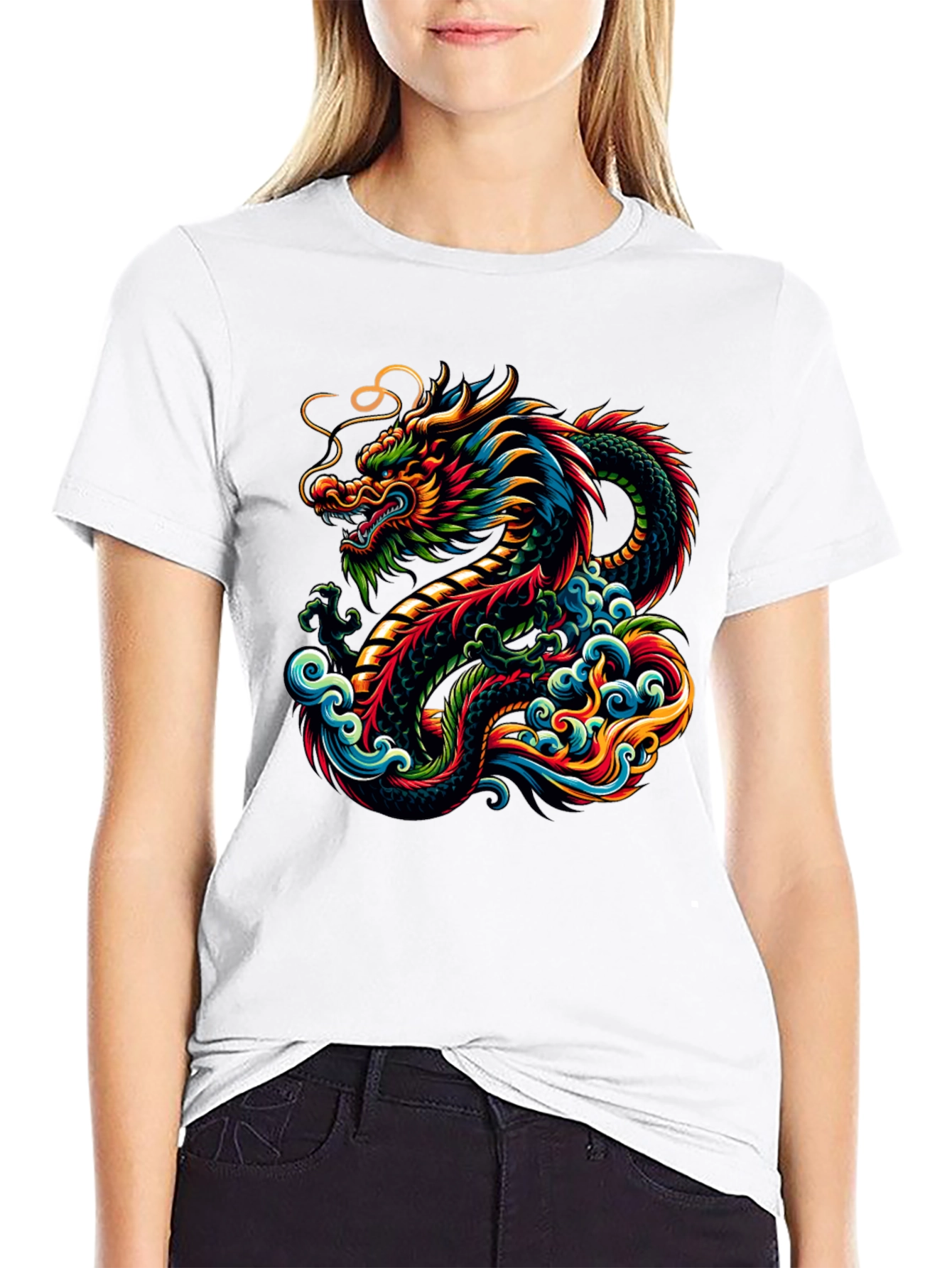 Black Vibrant Dragon Graphic Tee - Black Cotton T-Shirt view 9