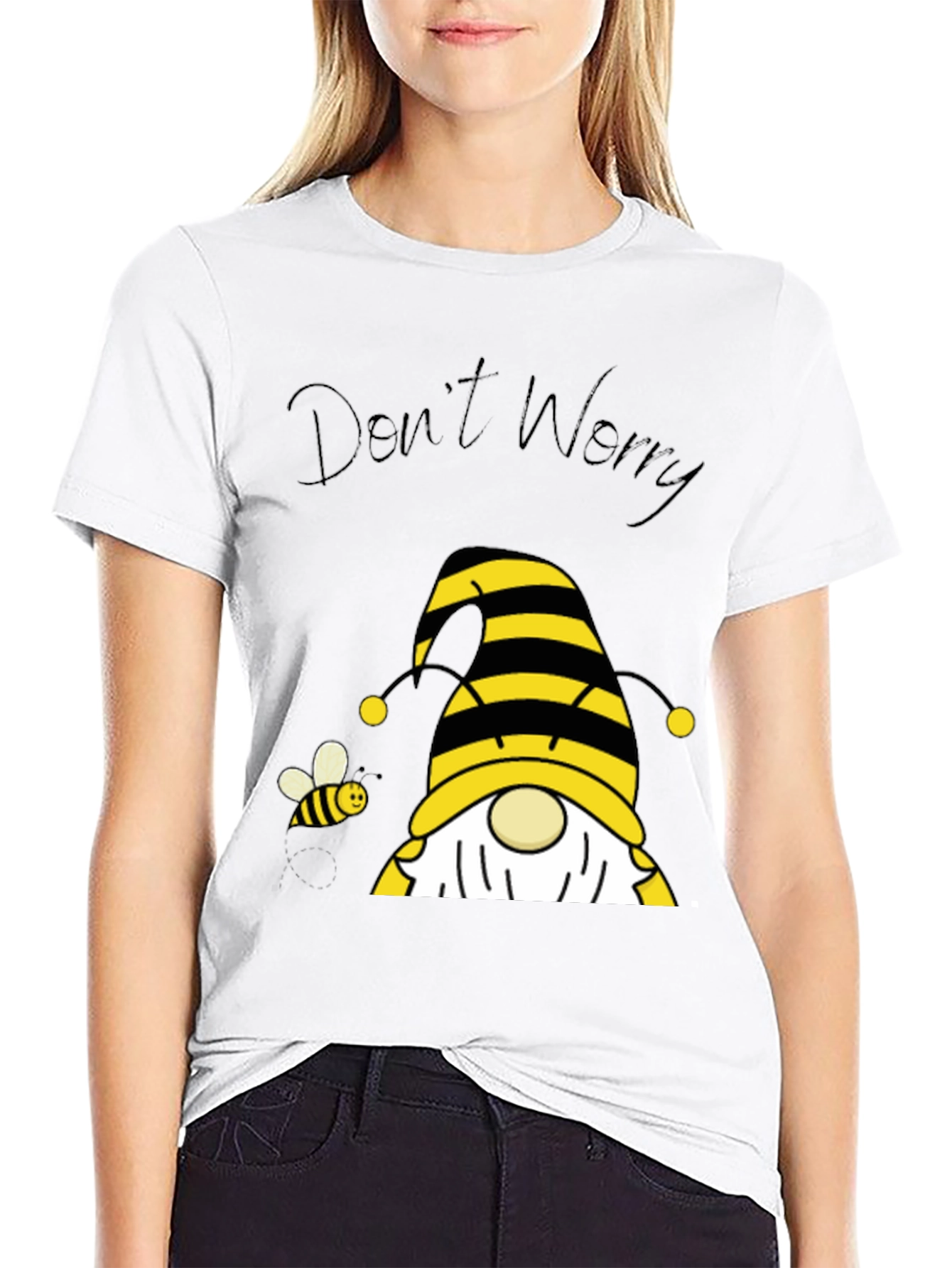 Black Don't Worry Bee Happy Gnome T-Shirt view 9