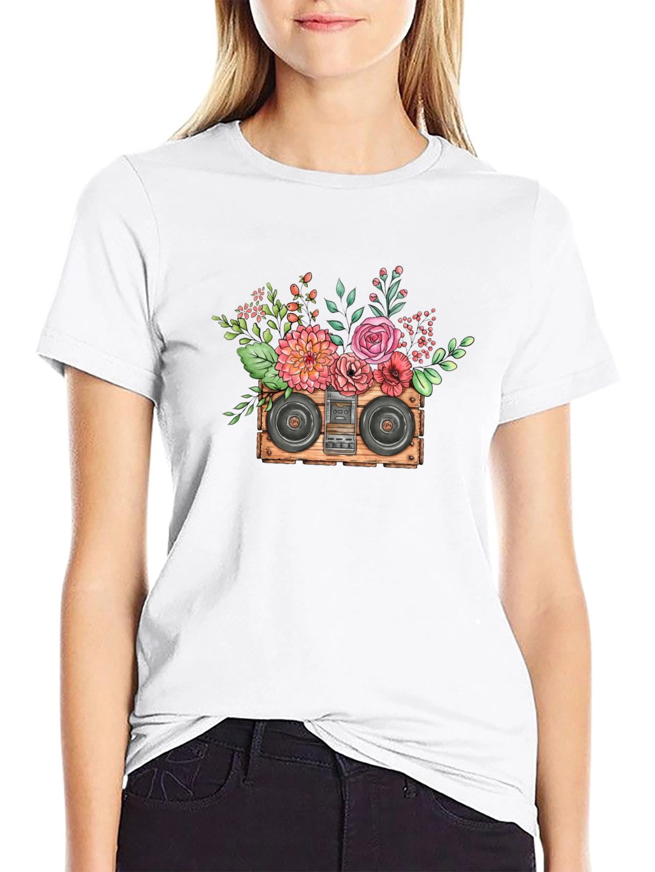 Black Floral Boombox Graphic Tee - Retro Music Style view 9
