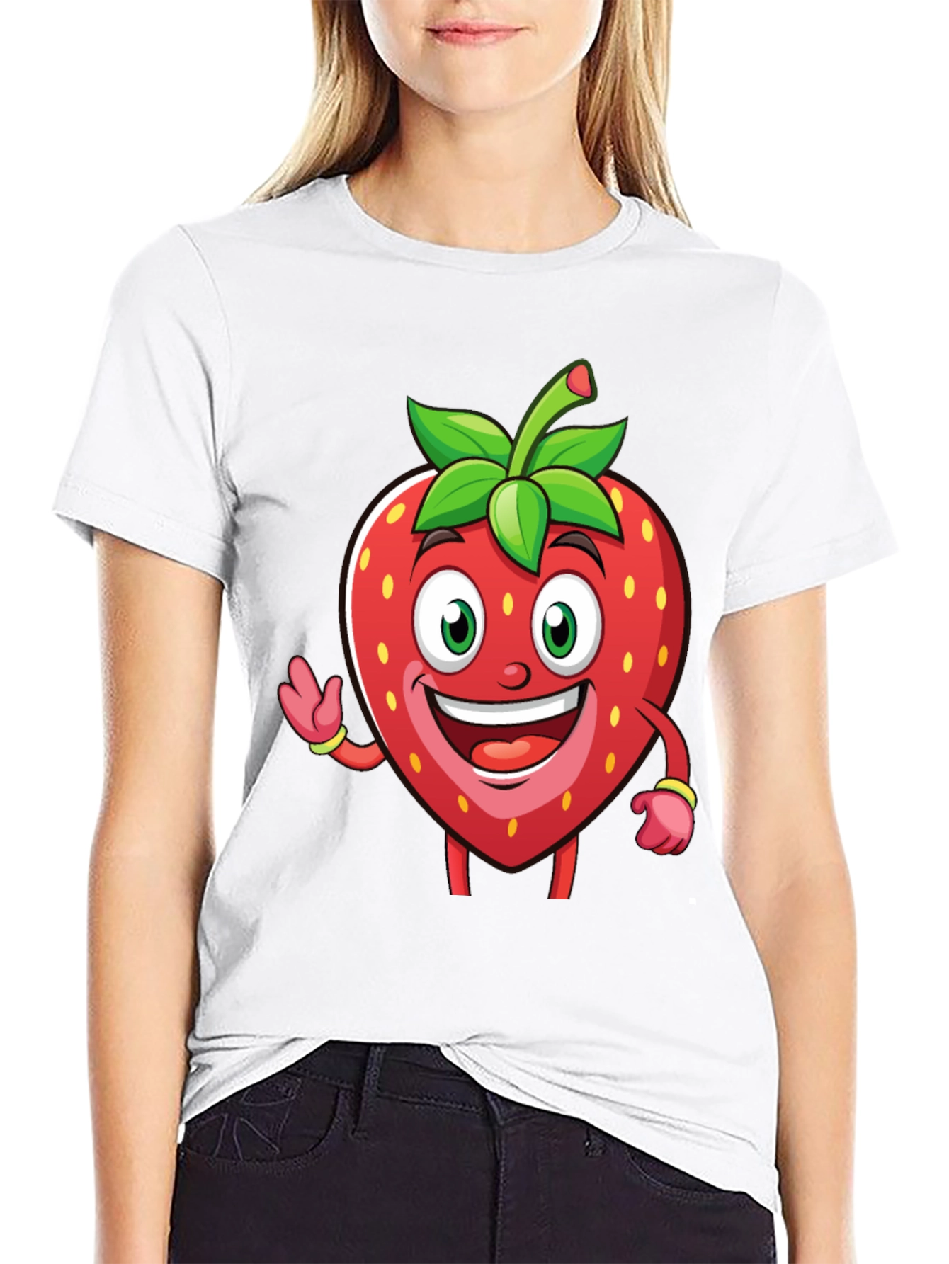 Black Funny Strawberry Cartoon T-Shirt - Black view 9