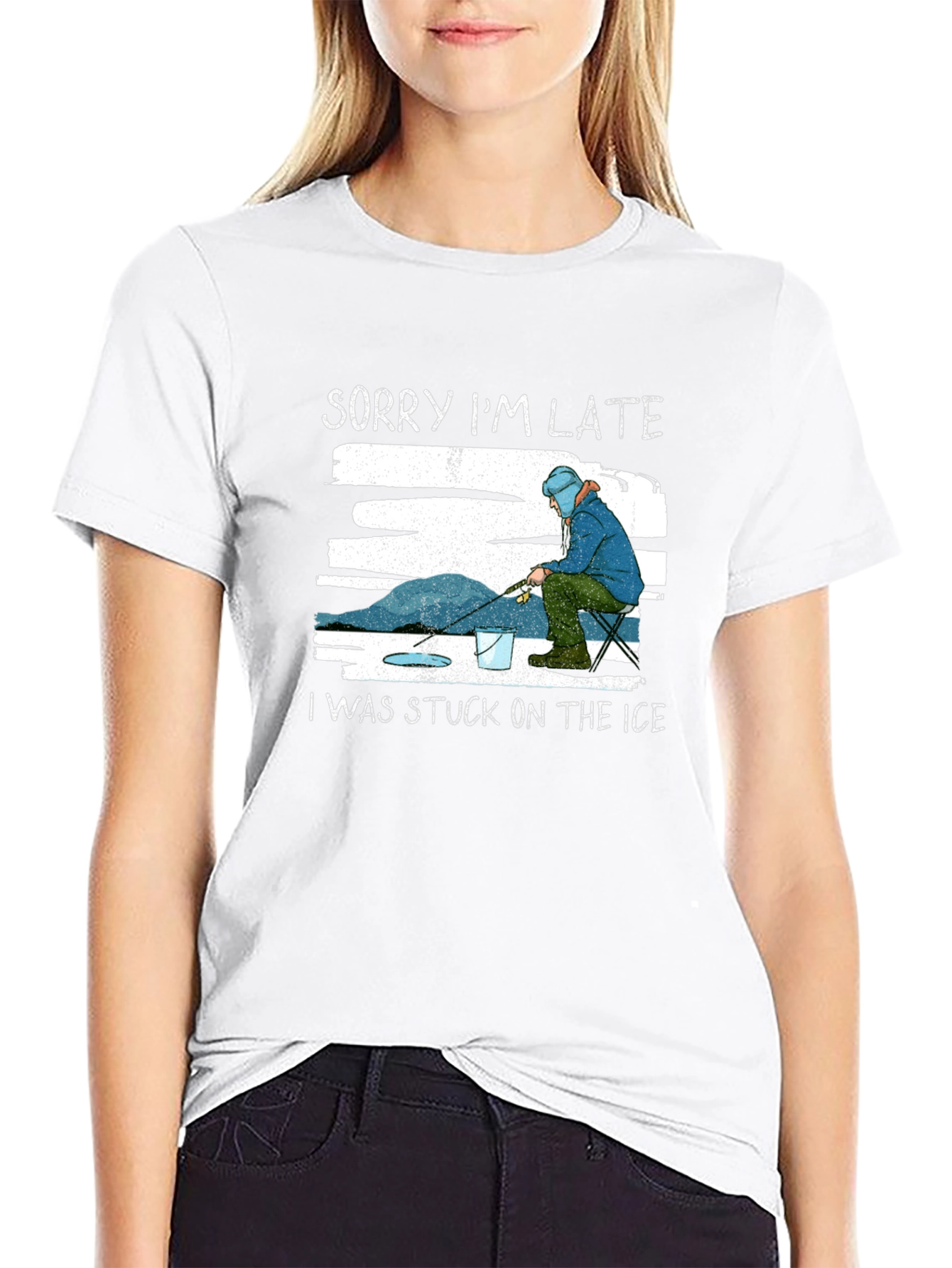 Black Sorry I'm Late Ice Fishing T-Shirt view 9
