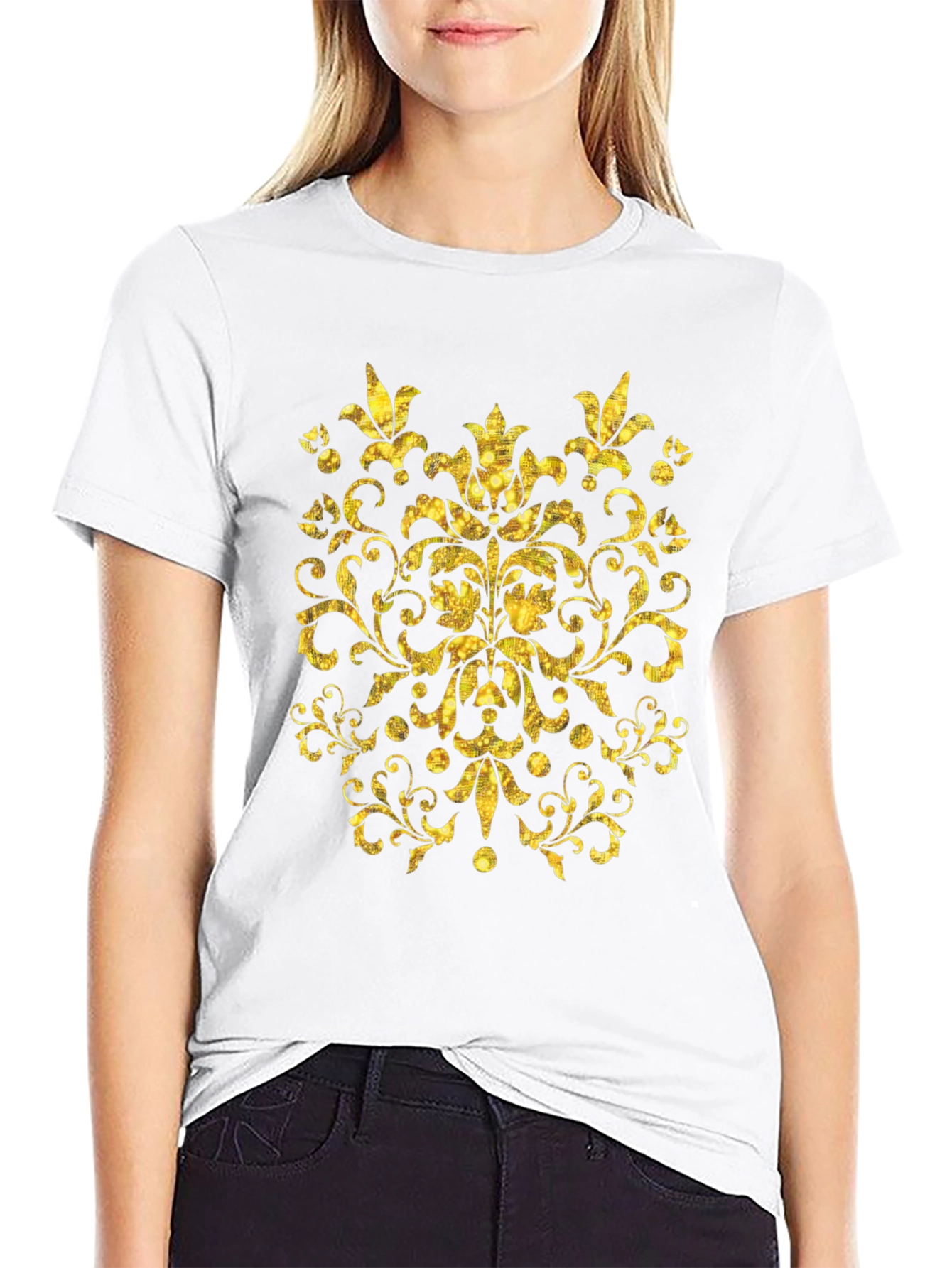 Black Golden Floral Print Black T-Shirt view 9