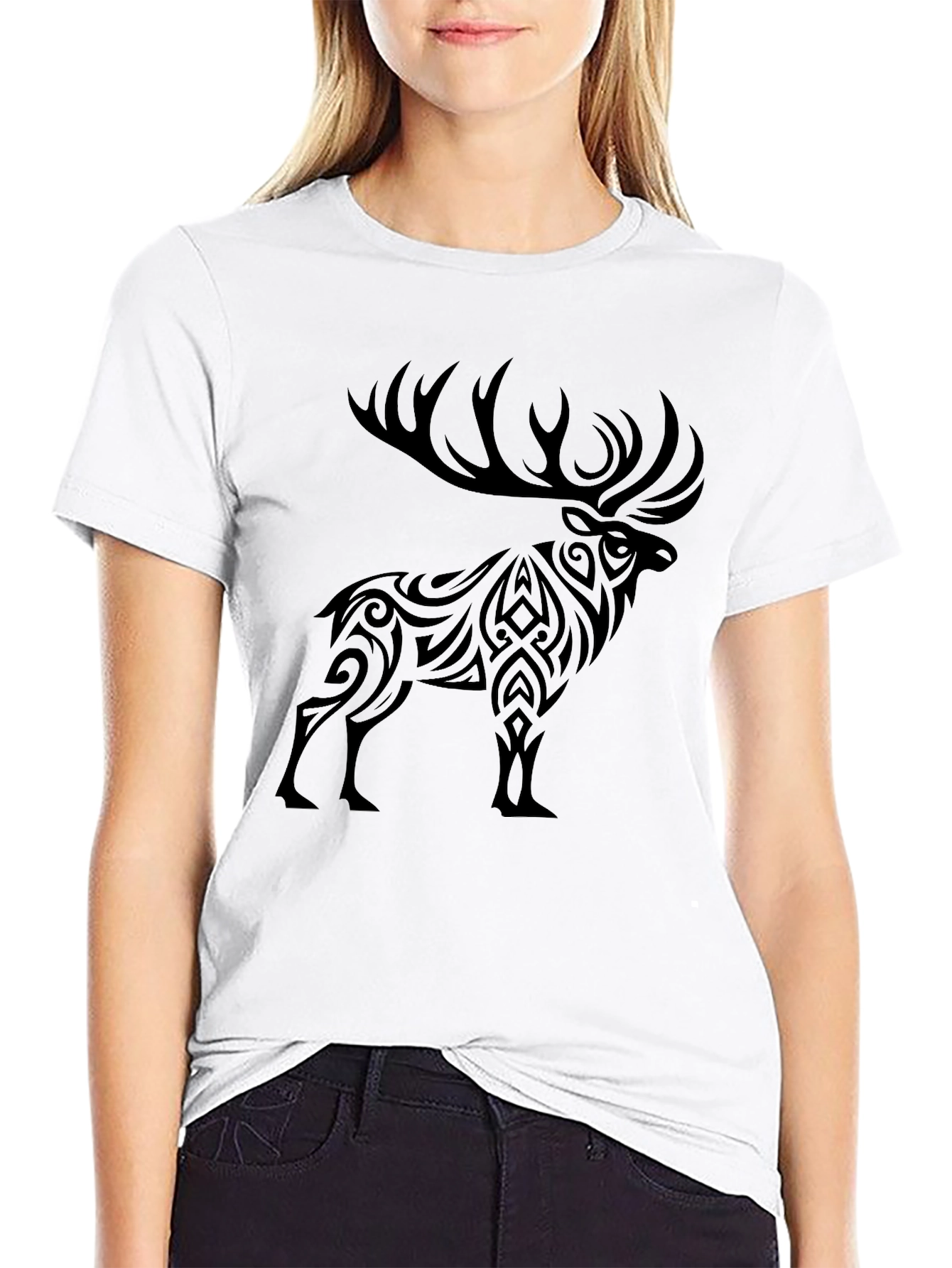 Black Tribal Elk Graphic Print T-Shirt view 9