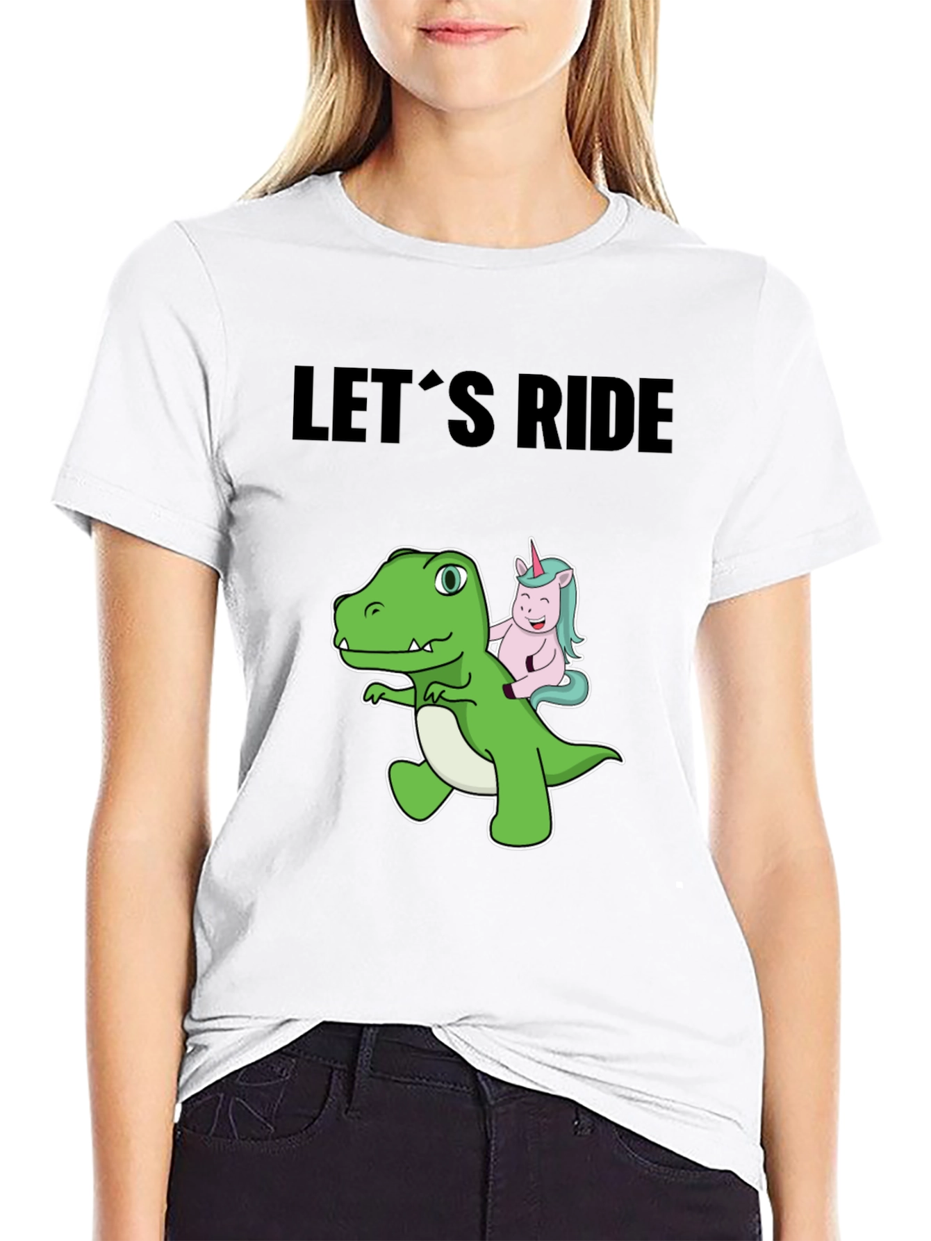 Black Dino and Unicorn Let's Ride Graphic Tee view 9