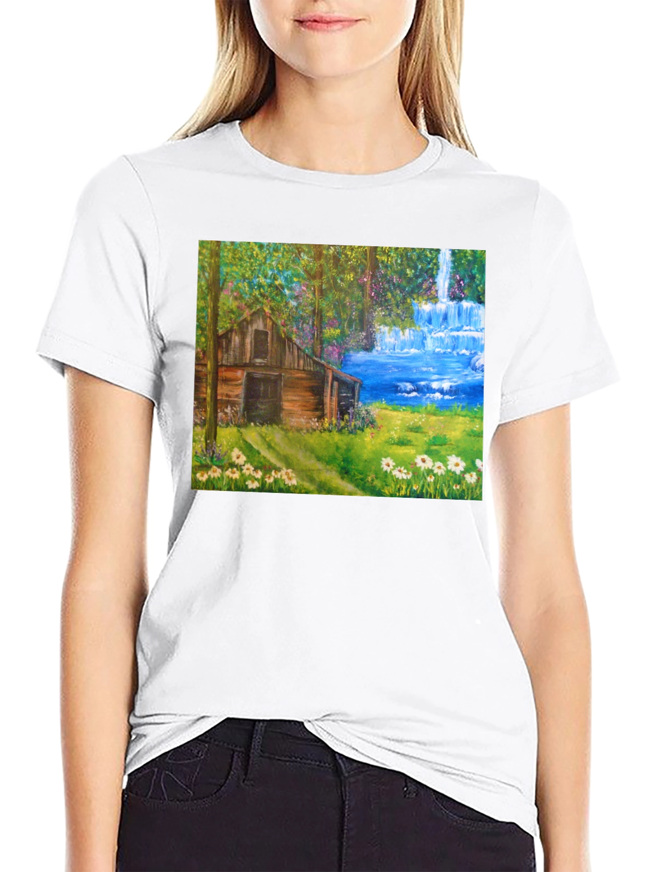 Black Cabin Waterfall Nature T-Shirt view 9