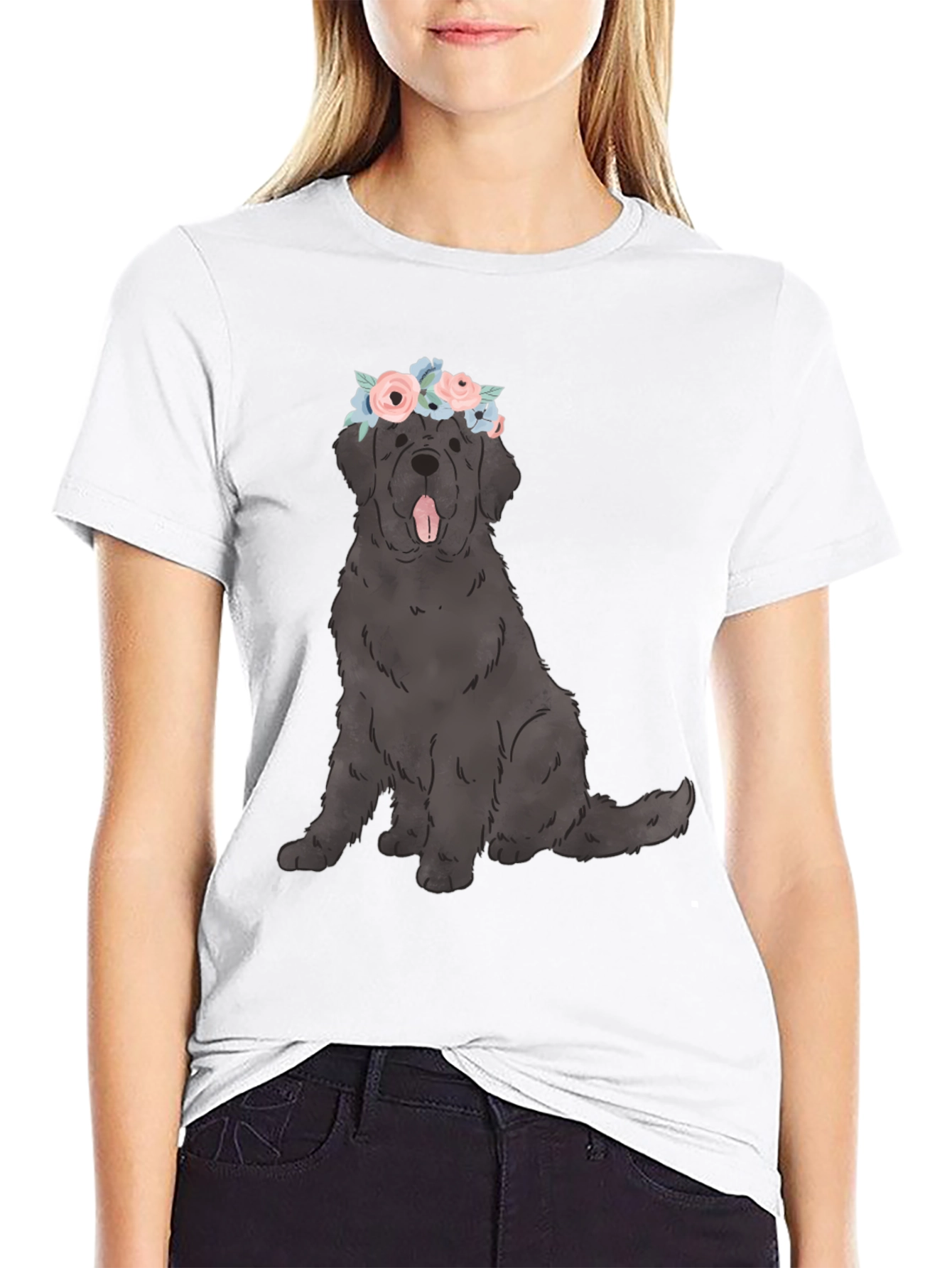 Black Dog with Flower Crown Graphic T-Shirt view 9