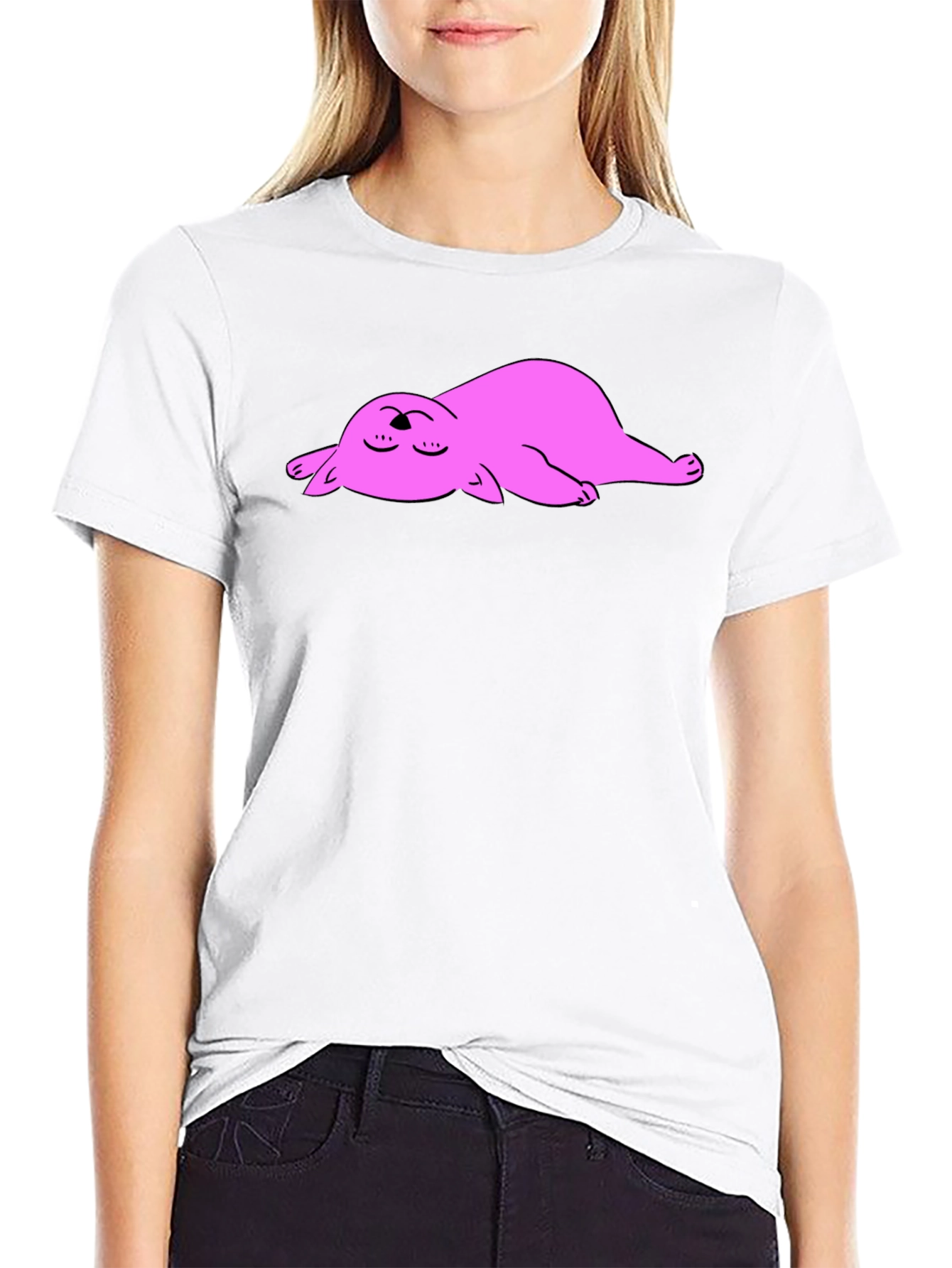 Black Black T-Shirt with Sleeping Pink Cat Cartoon Graphic view 9