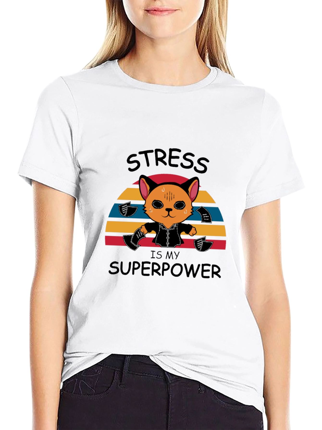 Black Stress is My Superpower Funny Cat T-Shirt view 9