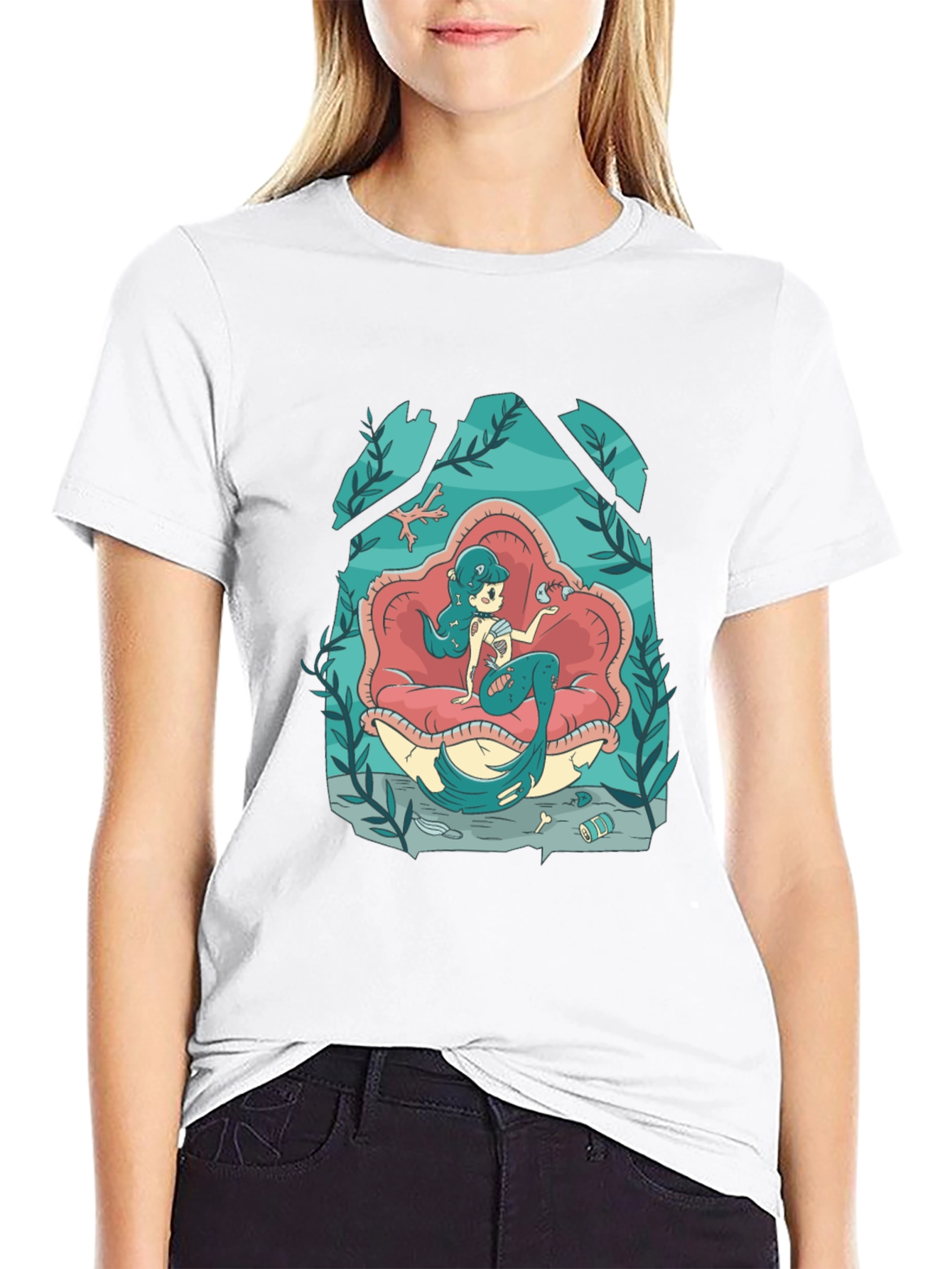 Black Mermaid T-Shirt - Undersea Cartoon Graphic Tee view 9